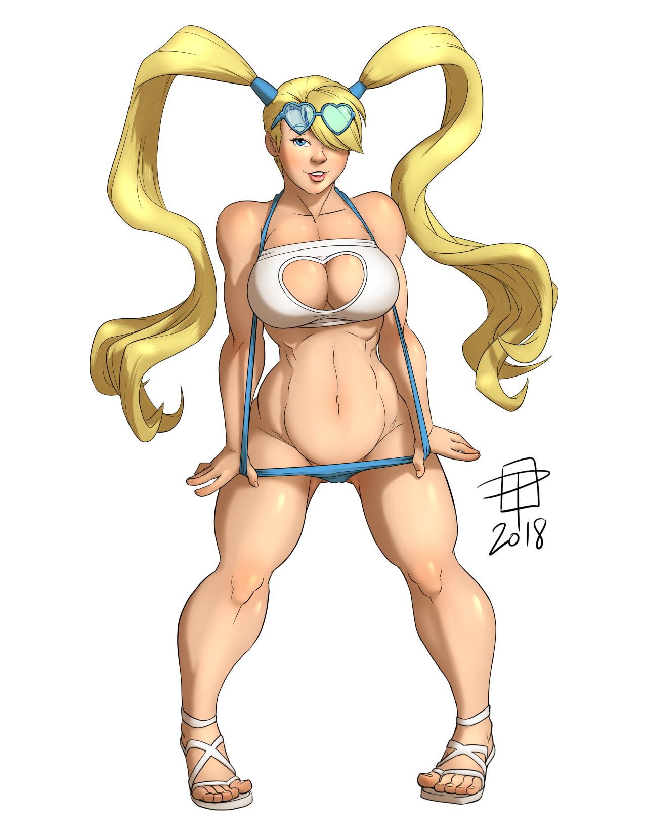 1girls, 2018, abs, blonde hair, blue eyes, boob window, breasts, callmepo, capcom, female, female only, long hair, muscular, pulling clothing, pulling swimsuit, rainbow mika, sling bikini, sling bikini aside, solo, street fighter, swimsuit, tummy, white topwear