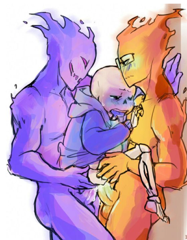 2018 3boys anthro black_sclera blue_blush blue_hoodie blush double_penetration fire fire_elemental gay glasses grillby grillby_au hoodie_only male male_only penetration purple_fire sans skeleton stand_and_carry_position sweating tearing_up threesome underfell underfell_grillby undertale undertale_au undertale_fanfiction yaoi