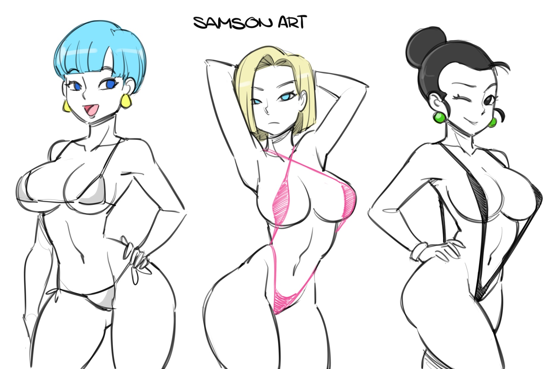 3girls, alternate version available, android 18, ass, bikini, black eyes, black hair, blonde hair, blue eyes, blue hair, breasts, bulma briefs, chichi, closed mouth, clothing, dragon ball, dragon ball z, earrings, female, female only, hand on hip, hands behind head, large breasts, milf, multiple females, multiple girls, open mouth, samson 00, short hair, sling bikini, smile, tied hair, tongue, wink