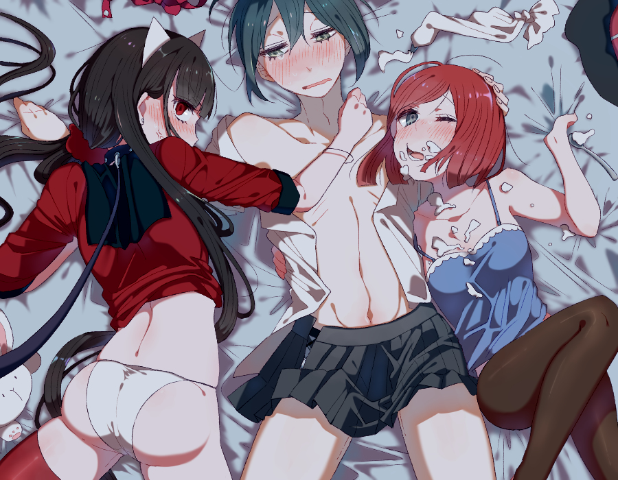 1boy, 2girls, ass, blue hair, blush, brown hair, cat ears, collar, crossdressing, cum, danganronpa, danganronpa v3, female, harukawa maki, jian jing, long hair, male, multiple females, multiple girls, no pants, panties, pantyhose, red eyes, red hair, saihara shuuichi, skirt, straight hair, tagme, thighhighs, threesome, white panties, yumeno himiko