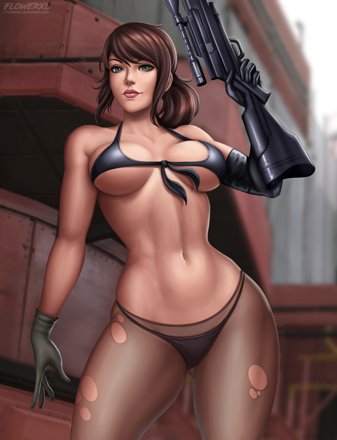 1girls artist_logo big_breasts bikini black_bra black_gloves black_panties black_socks breasts brown_hair cleavage female female_only flowerxl green_eyes gun industrial_background konami large_breasts looking_at_viewer medium_breasts metal_gear_solid metal_gear_solid_v only_female pale-skinned_female pantyhose pink_lipstick ponytail pose quiet_(metal_gear) revealing_clothes rifle rope_pantyhose skimpy_clothes solo video_games weapon weapon_in_hand