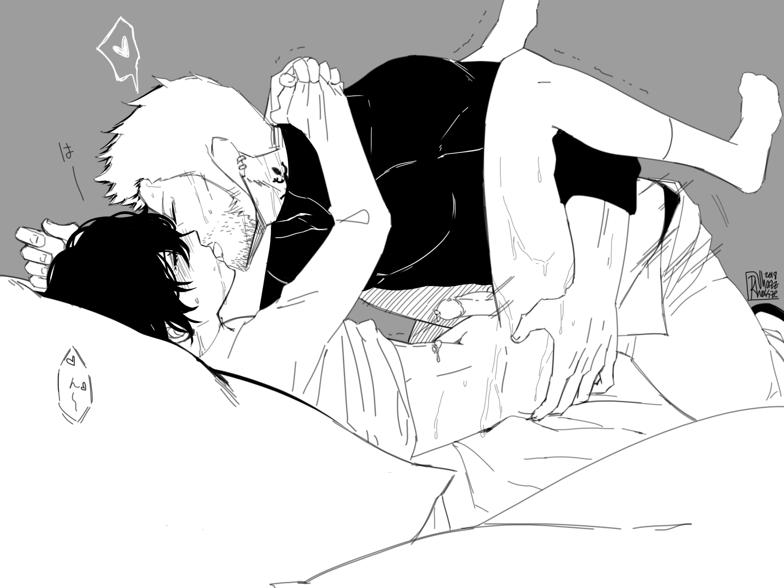 2boys, age difference, anal, artist request, atlus, body hair, boots, bottomless, clothed, clothed sex, clothes, dark hair, earring, earrings, erection, facial hair, iwai munehisa, jewelry, lying, male, male focus, male only, megami tensei, monochrome, multiple boys, multiple males, on back, pants, penis, persona, persona 5, piercing, ren amamiya, sex, shin megami tensei, shirt, size difference, tattoo, uncensored, yaoi