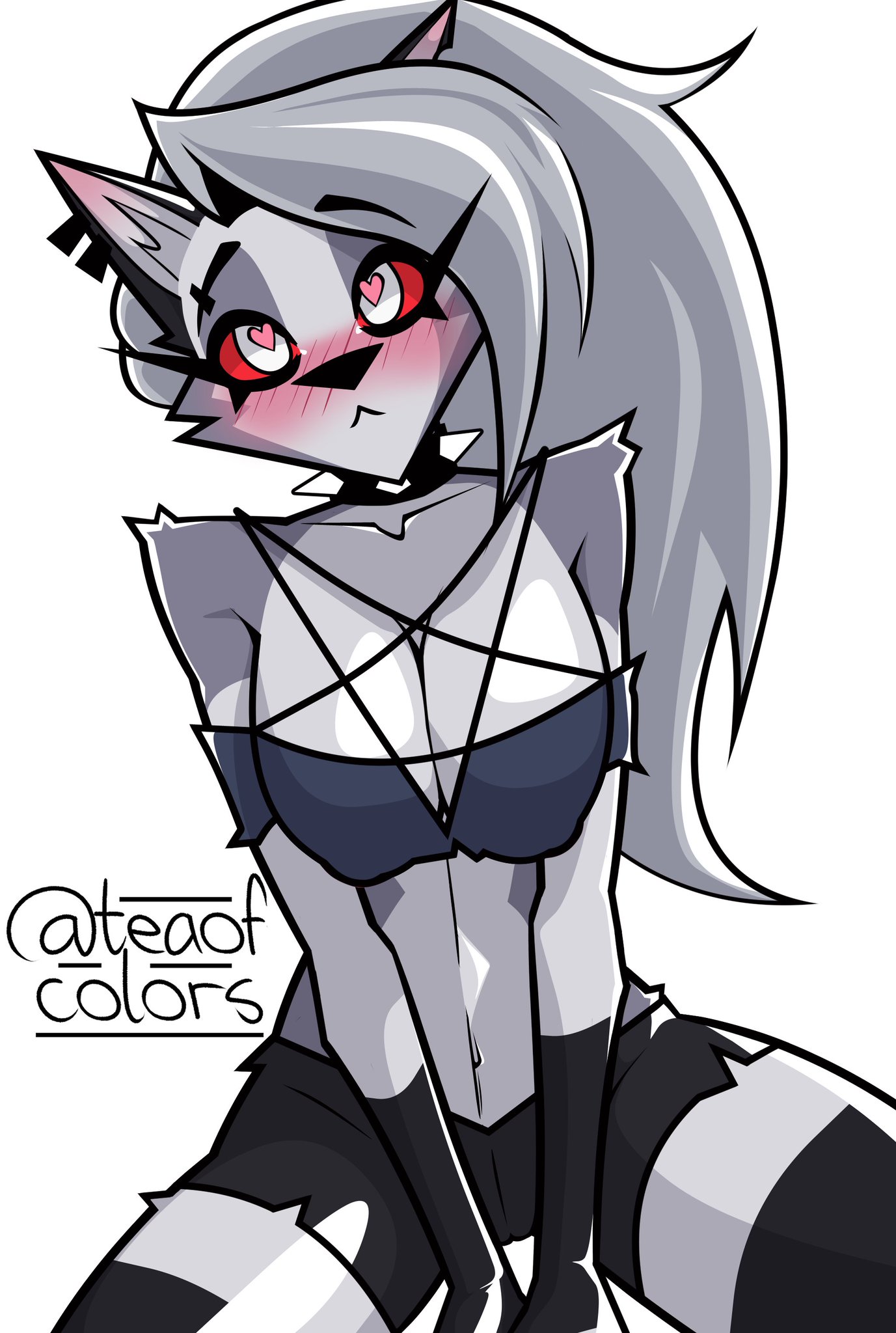 1girls, bare shoulders, big breasts, blush, clothed, clothing, color, female, female focus, female only, furry, furry female, heart-shaped pupils, hellhound, helluva boss, hi res, large breasts, long hair, loona (helluva boss), red eyes, solo, solo female, teaofcolors, thick thighs, white hair, wolf, wolf ears, wolf girl, wolf tail