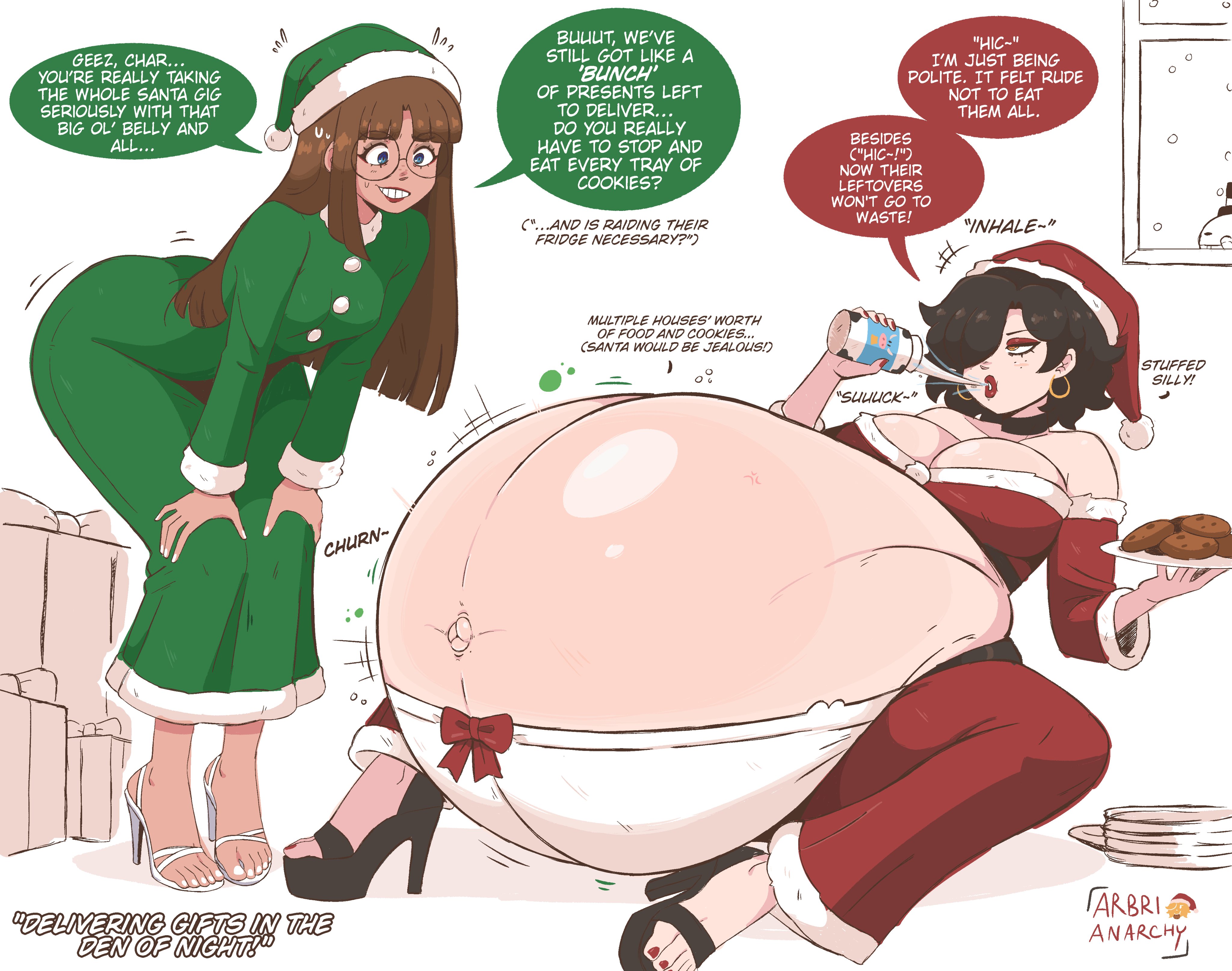 2girls, arbrianarchy, big belly, big breasts, black hair, brown hair, christmas, eating, eating food, english dialogue, english text, giant belly, glasses, oc, original character, santa costume, santa hat, stuffed belly, xmas