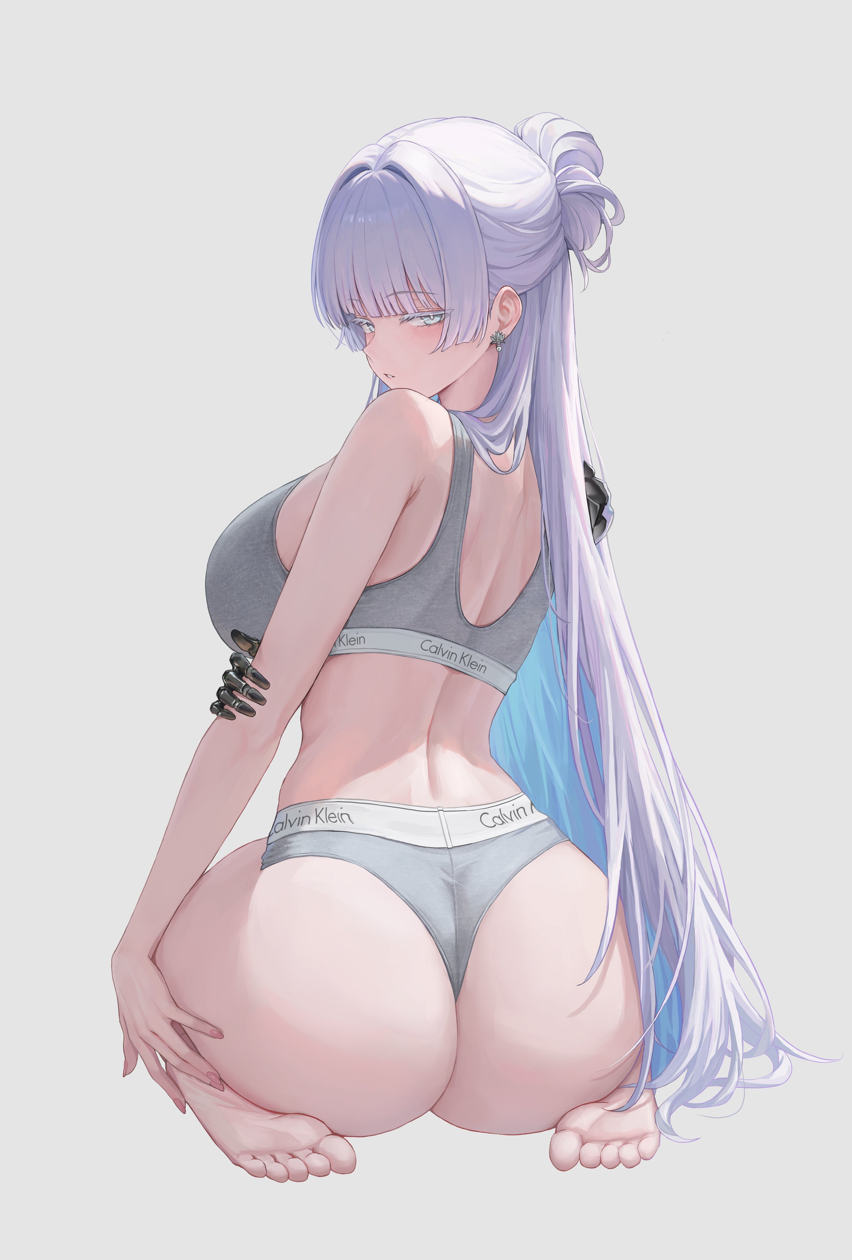 absurdres, ac rizz, ass, blunt bangs, blush, bra, commentary request, ear piercing, feet, female, from behind, full body, goddess of victory: nikke, grey bra, grey panties, highres, kneeling, long hair, looking at viewer, looking back, mechanical hands, nayuta (nikke), panties, parted lips, piercing, revision, simple background, single mechanical hand, soles, solo, toes, underwear, very long hair, white hair