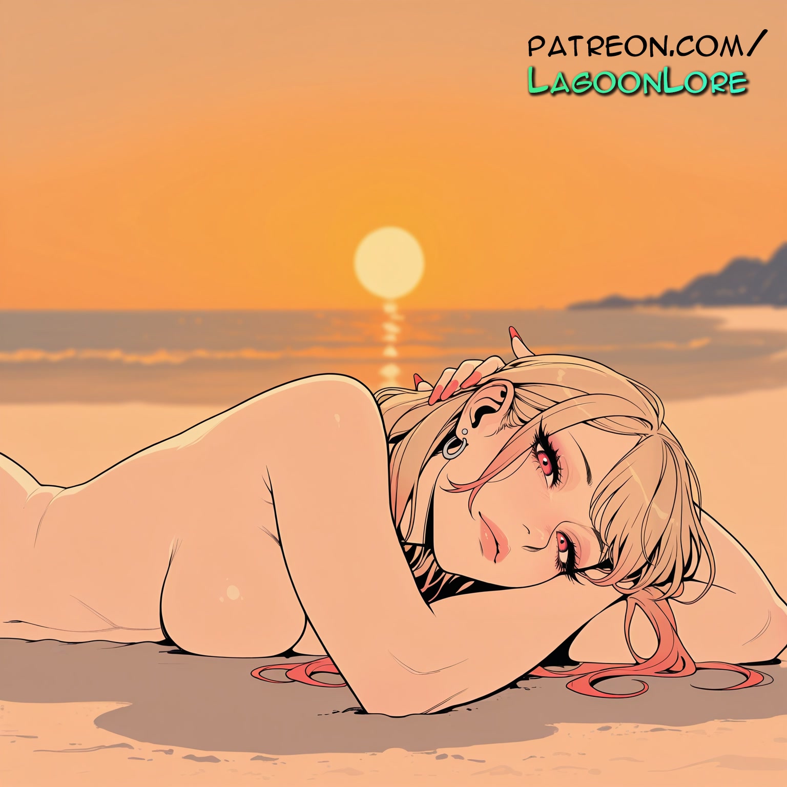 ai generated, artist name, beach, breast press, breasts, bust, chest, cloud, ear piercing, earrings, evening, female, hi res, highres, jewelry, kitagawa marin, lagoonlore, long hair, looking at viewer, lying, lying on stomach, moon, my dress up darling, nail polish, ocean, on belly, on stomach, orange sky, outdoors, patreon, patreon username, piercing, pink nails, prone position, red nails, sky, solo, sono bisque doll wa koi wo suru, sun, sunset, twilight, untied, watermark