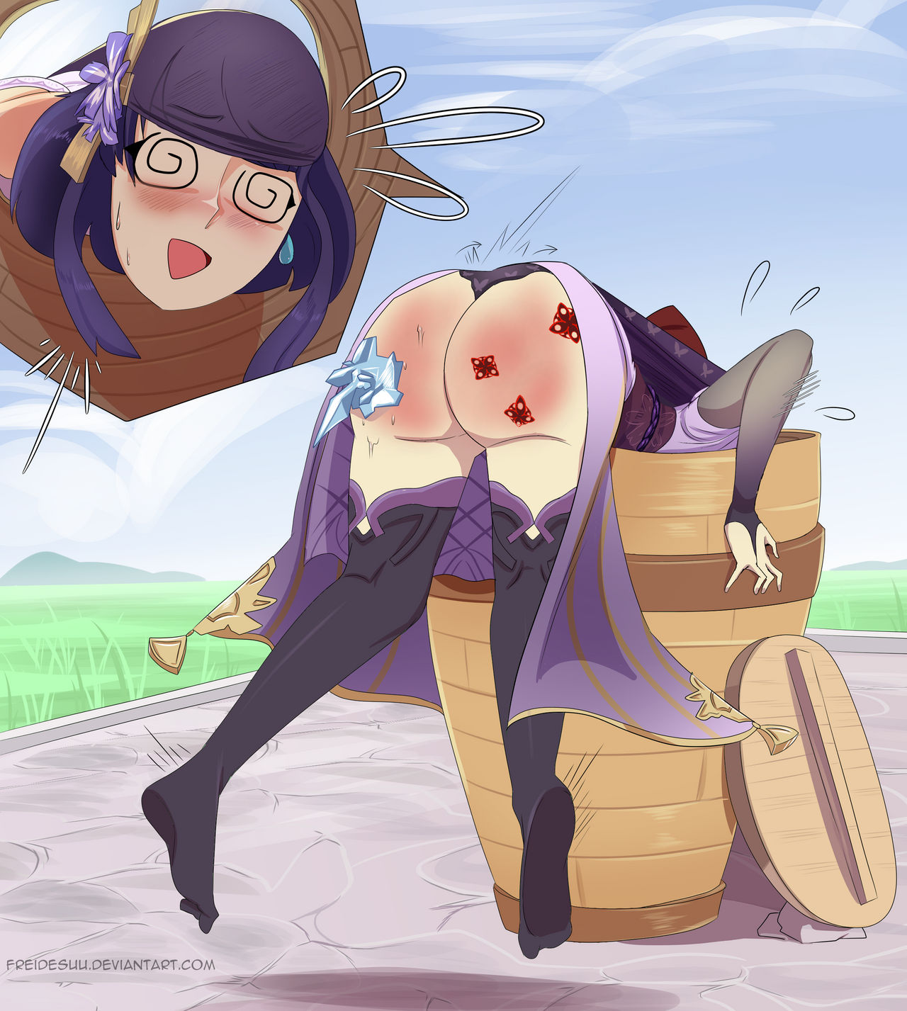 1girls, 2024, ass, atomic wedgie, bent over, blush, deviantart username, earrings, flower, flower in hair, freidesuu, genshin impact, hair ornament, humiliation, ice, no shoes, open mouth, outdoors, panties, print panties, purple hair, purple panties, raiden shogun, skirt, skirt up, spank marks, spiral eyes, sweat, sweatdrop, tagme, thighhighs, watermark, wedgie