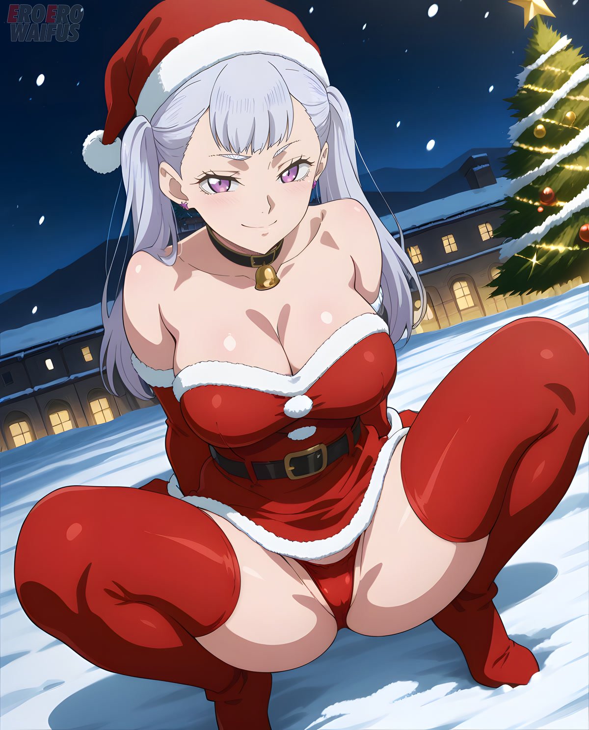1girls, ai generated, bare thighs, big breasts, black clover, blush, christmas, eroero waifus, female, female only, huge breasts, huge thighs, light skin, light-skinned female, looking at viewer, massive breasts, noelle silva, panties, purple eyes, santa costume, santa hat, silver hair, smiling, solo, solo female, squatting, sweat, sweatdrop, thick body, thick female, thick thighs, thighhighs, thighs, twintails, voluptuous, voluptuous female