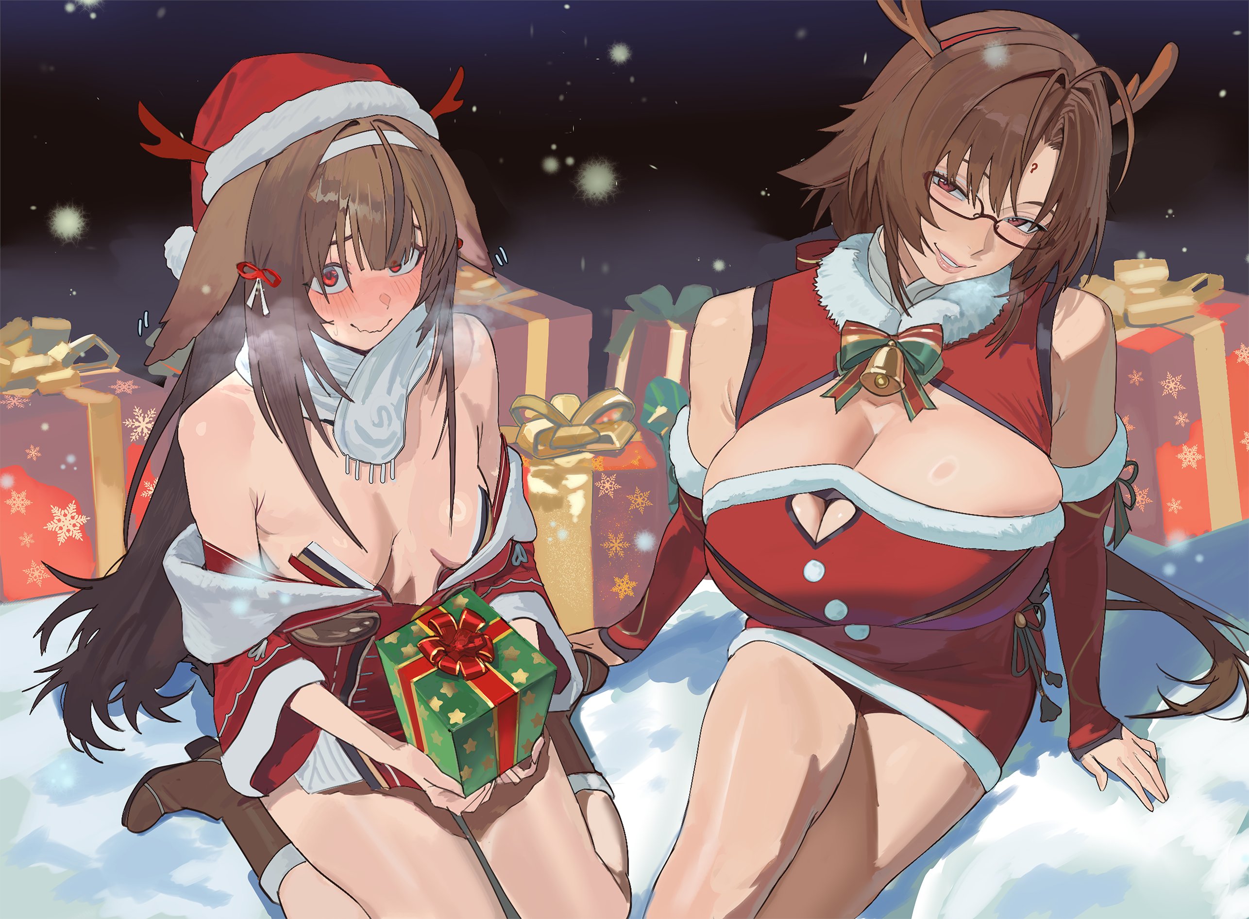 2girls, animal ears, antlers, blush, breasts, brown hair, christmas, dress, droopy ears, embarrassed, fake antlers, female, female only, fox ears, fox girl, fur trim, fur-trimmed headwear, genderswap (mtf), hair intakes, hair ornament, hairband, hat, highres, hintobento, horns, huge breasts, long hair, looking at viewer, multiple girls, red eyes, reindeer antlers, rule 63, sack, santa costume, santa dress, santa hat, small breasts, smile, ye shiyuan, ye shunguang, zenless zone zero