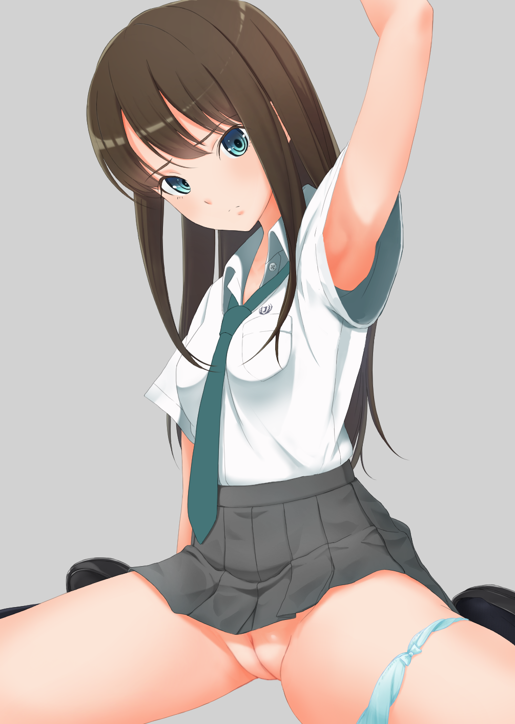 aqua_eyes arm_up armpits blush breasts brown_hair denkaisui embarrassed female grey_background idolmaster idolmaster_cinderella_girls innie_pussy long_hair looking_at_viewer necktie panties panties_around_leg pleated_skirt pussy school_uniform shibuya_rin shirt shoes simple_background sitting skirt socks solo spread_legs uncensored wariza