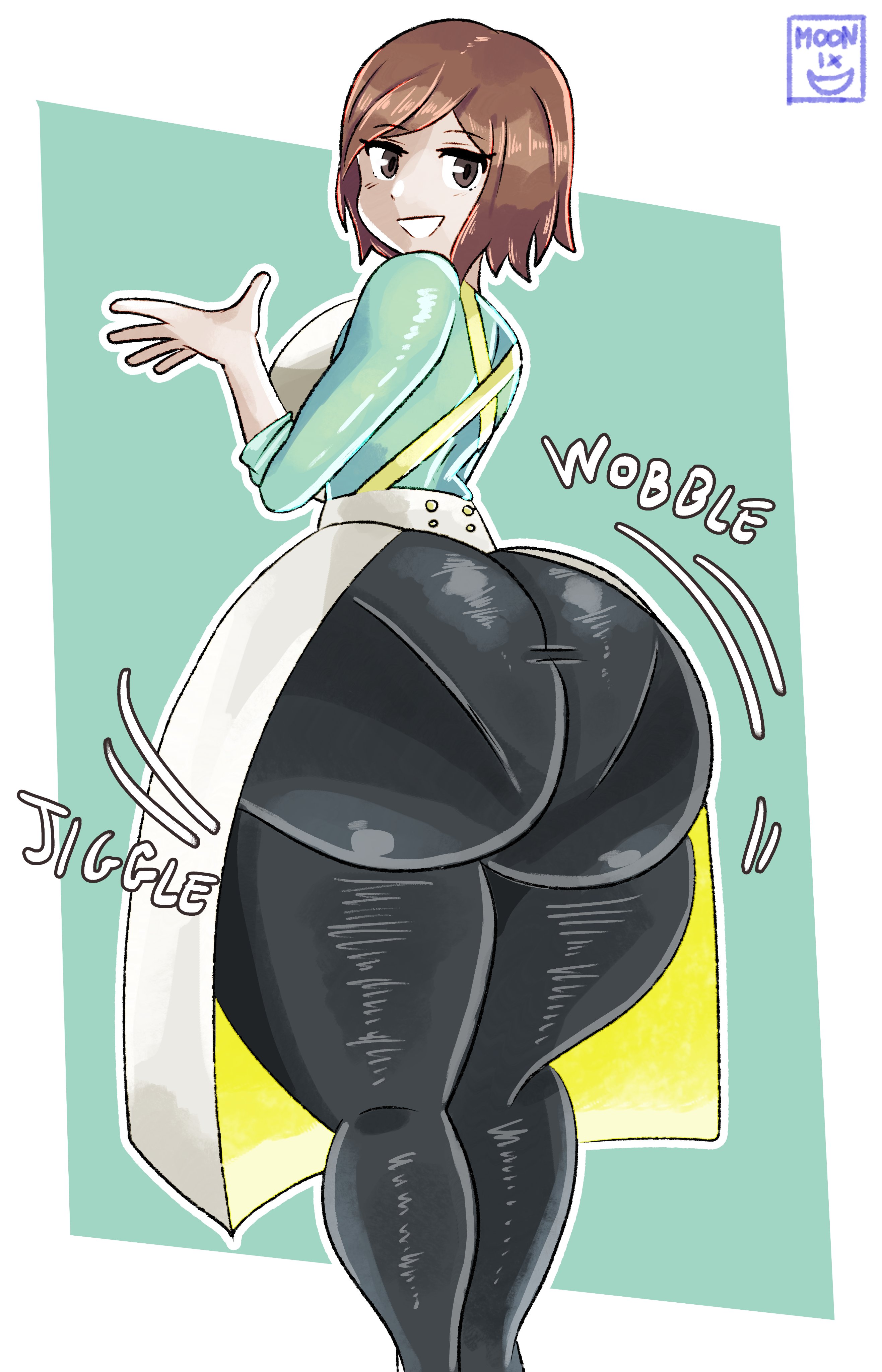 1girls, apron, ass, ass bigger than head, ass focus, ass jiggle, ass waves, ass wobble, big thighs, bottom heavy, brown eyes, brown hair, bubble ass, bubble butt, caked up, commission, flcl, flcl progressive, hinae hibajiri, huge ass, huge butt, hyper ass, hyper thighs, jiggle, jiggling ass, long legs, massive ass, massive thighs, milf, mommy, moonix xero, motion lines, thunder thighs, tight clothing, tight pants, wobble, wobbling, wobbling ass, wobbling butt, wobbling thighs