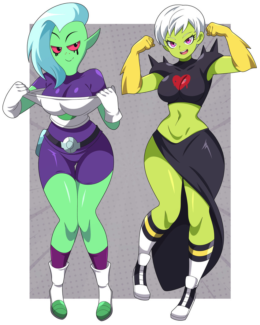 2girls, abysswatchers, alien, alien girl, alien humanoid, anime, blue hair, breasts, cheelai, cheelai (cosplay), cosplay, costume switch, crossover, disney, dragon ball, dragon ball super, eastern and western character, female, female only, green skin, hourglass figure, lord dominator, lord dominator (cosplay), medium breasts, multiple girls, outfit swap, thicc, thick ass, thick thighs, wander over yonder, white hair, wide hips