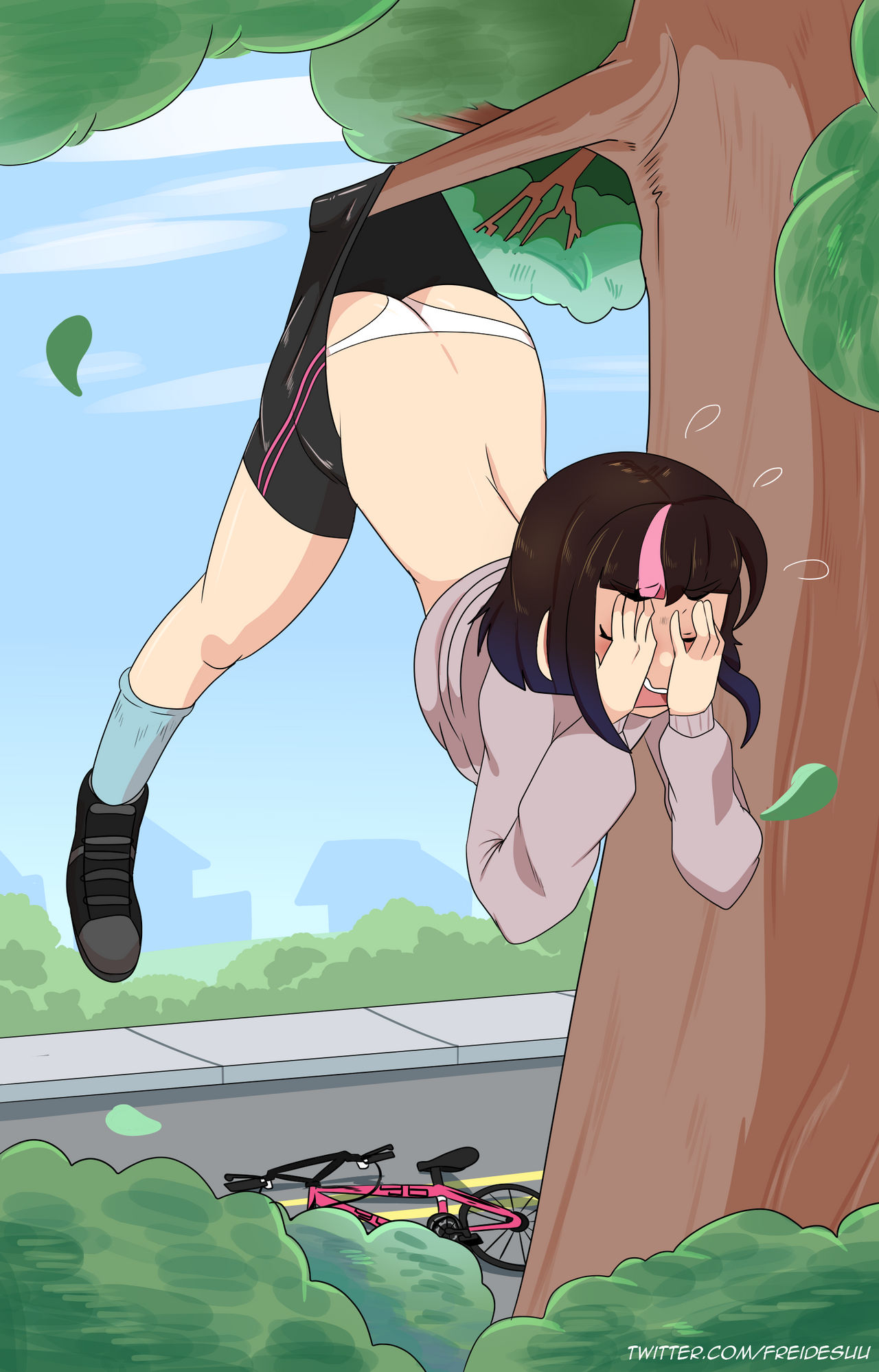 1girls, 2023, ass, bicycle, bike shorts, bike shorts pull, blush, closed eyes, covering eyes, embarrassed, freidesuu, gradient hair, hanging wedgie, humiliation, open mouth, original, outdoors, panties, sneakers, socks, sweat, sweatdrop, sweater, sweater up, tagme, thighs, wedgie, white panties