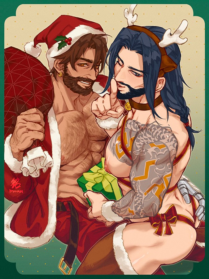 ass, beard, big ass, big butt, bubble ass, bubble butt, chest hair, christmas, cole cassidy, dat ass, dat butt, dick in a box, fat ass, fat butt, gay, hairy, hairy chest, hand on ass, hanzo, hanzo shimada, holidays, huge ass, huge butt, large ass, large butt, long hair, male, male only, minghii, muscular, muscular male, overwatch, reindeer antlers, round ass, round butt, santa costume, santa hat, tattoo, tattoo on arm, tattooed arm, thick ass, thick butt, yaoi