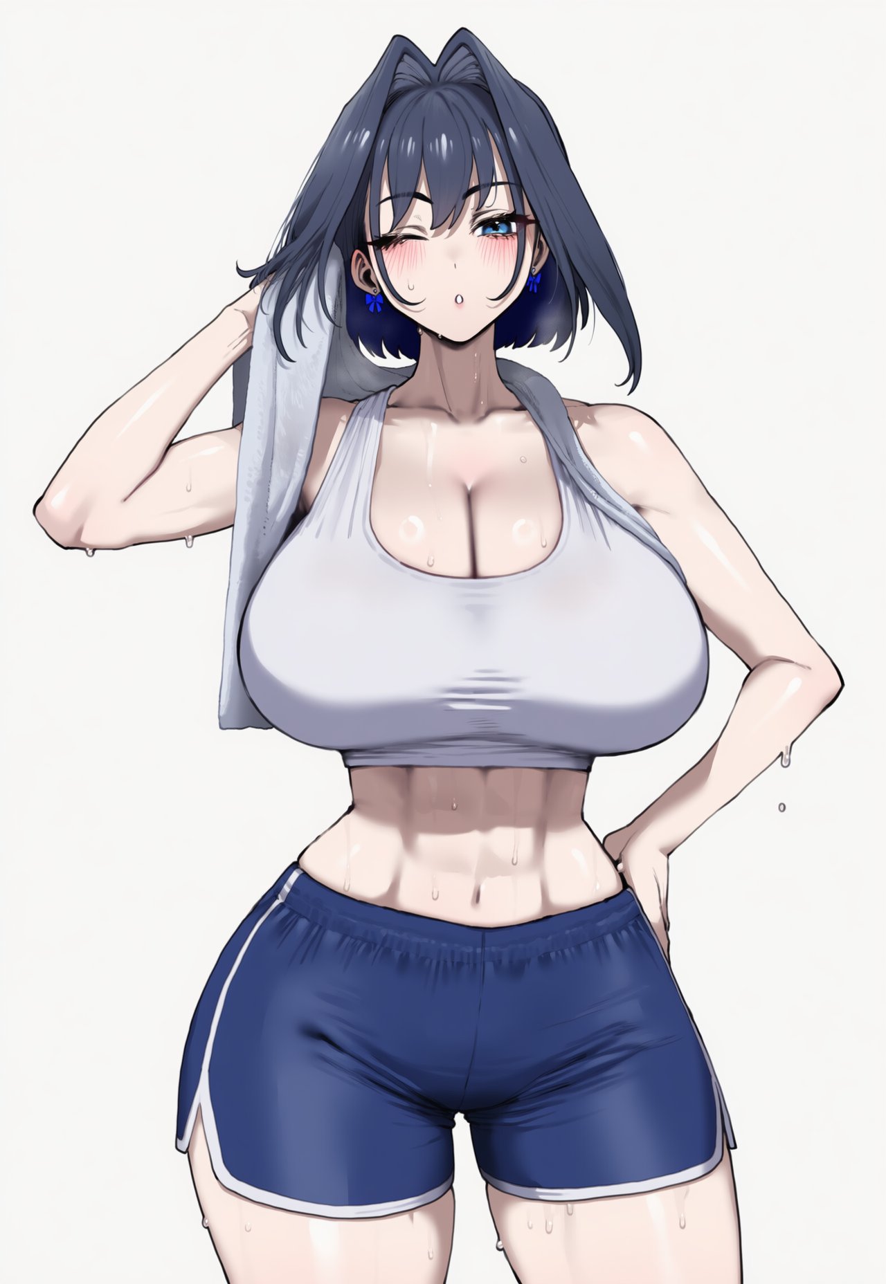 1girls, abs, ai generated, blue eyes, blue hair, blush, collarbone, fit, fit female, hololive, hololive english, light-skinned female, midriff, navel, one eye closed, ouro kronii, short shorts, shorts, sports bra, sweat, sweatdrop, sweating, tank top, thick thighs, thighs, towel, truck kun, truck-kun art, virtual youtuber, vtuber, white background, wiping, wiping sweat