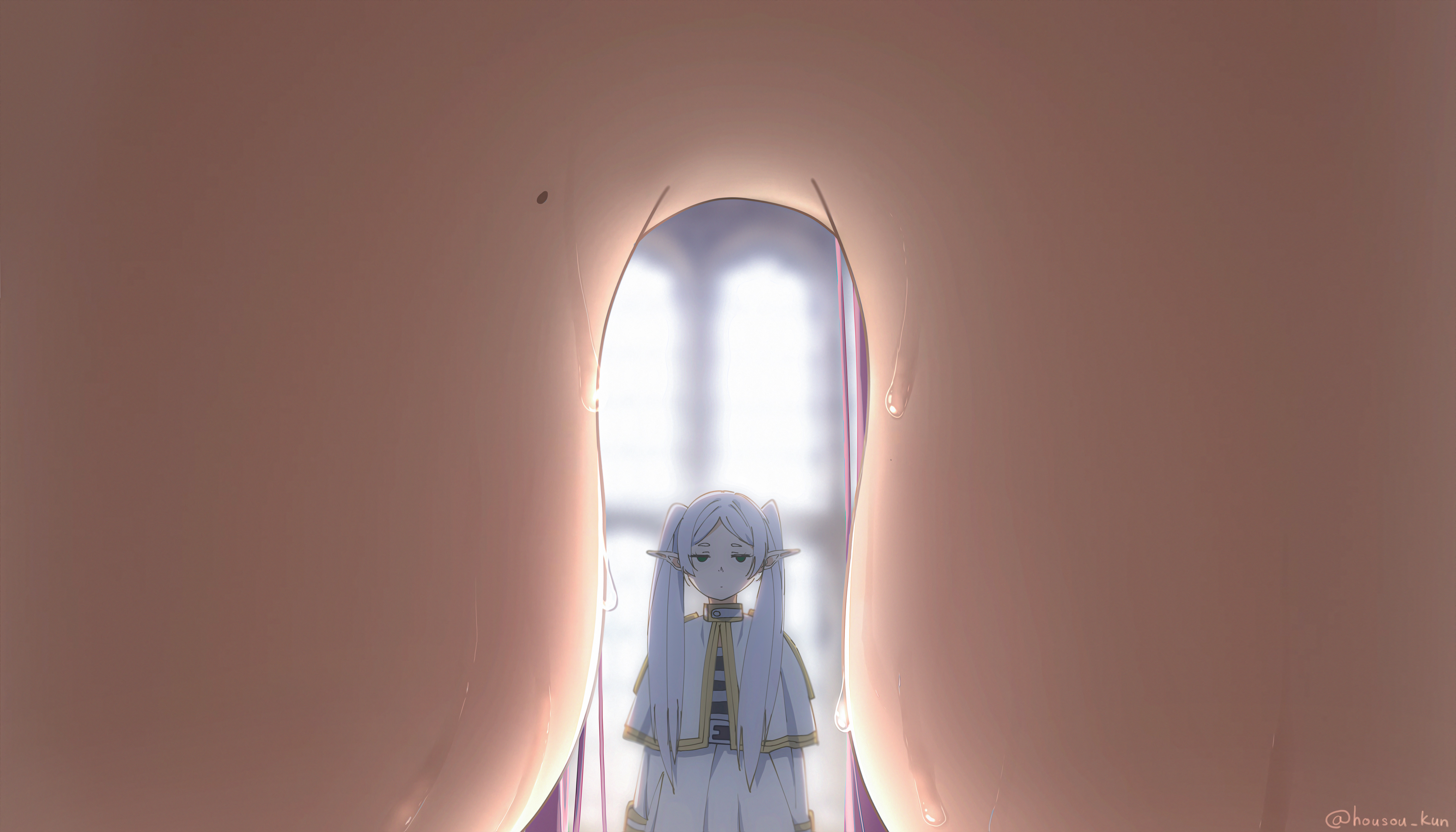2girls, accidental circumstance, accidental exposure, beauty mark, beauty mark on breasts, big breasts, breast envy, breast size difference, breasts, breasts apart, camera pov, exposed breasts, female, female only, fern (sousou no frieren), frieren, hanging breasts, hanging hair, housou-chan, housou-kun, huge breasts, looking at breasts, mole, mole on breast, multiple girls, nude, nude female, pendulous breasts, pov breasts, purple hair, sousou no frieren, sweat, sweatdrop, sweating, sweaty breasts, view between breasts, white hair