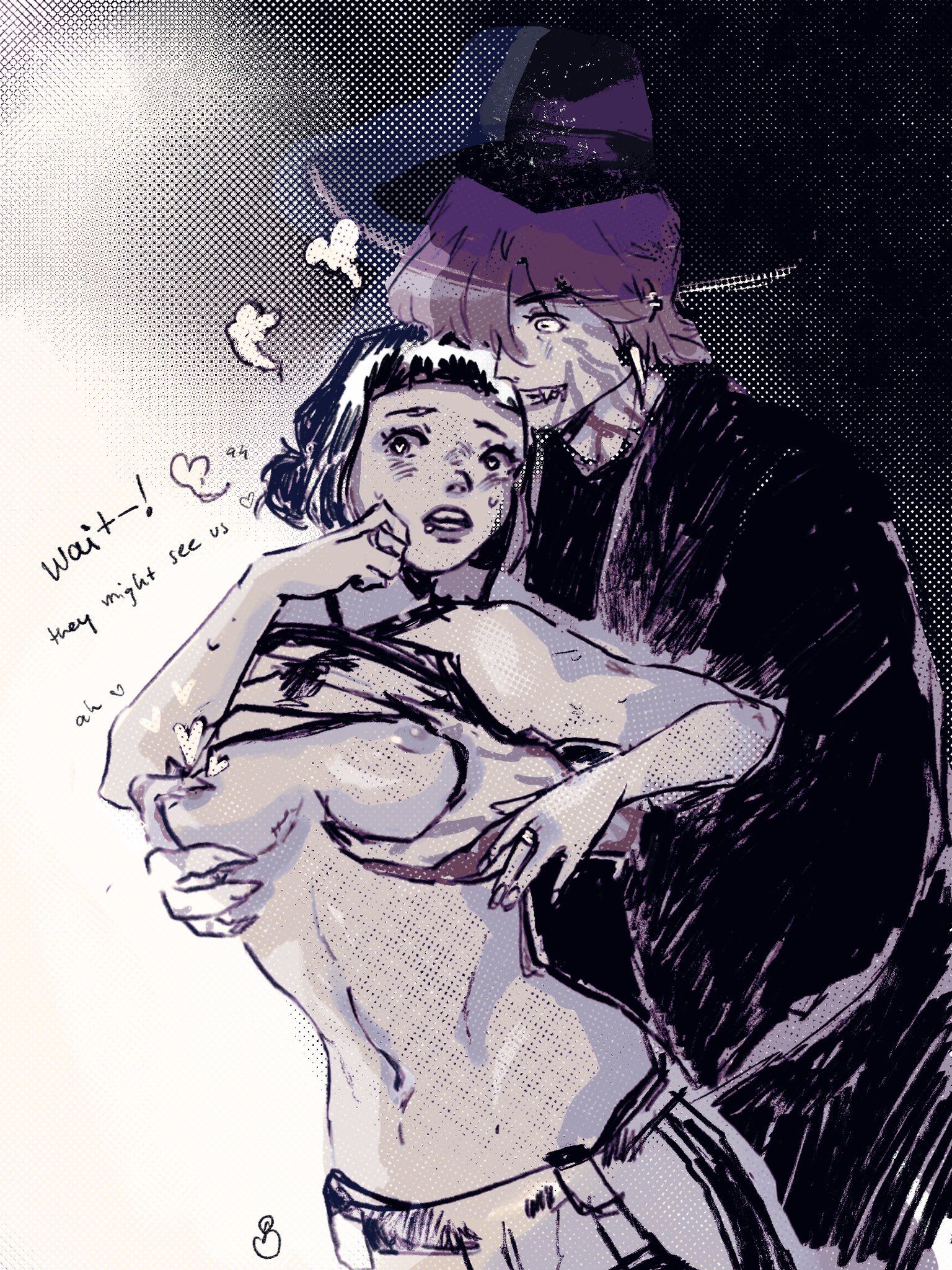 1boy, 1girls, artist signature, blush, blushing female, clothing, demon, demon boy, dialogue, fangs, fondling breasts, grabbing breasts, grabbing from behind, hat, heart, kpop demon hunters, lustful gaze, moaning, moaning in pleasure, mystery (kpop demon hunters), nipples, panting, peachycreames, sharp claws, sharp fingernails, sharp nails, sharp teeth, undressing, zoey (kpop demon hunters)