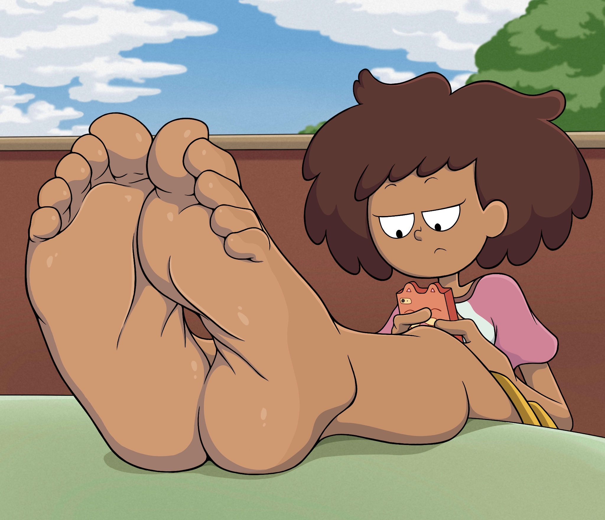 1girls, 2d, amphibia, amphibia (series), anne boonchuy, barefeet, barefoot, big feet, big soles, brown hair, brunette female, close up feet, close-up feet, dark skin, dark skinned female, dark-skinned female, feet, feet focus, feet in camera, feet on table, feet together, feet up, female focus, foot fetish, foot focus, heel, highres, meaty feet, meaty soles, murati2882, on phone, outside, presenting feet, presenting soles, shiny feet, shiny soles, soles, soles female, soles fetish, solo female, toe curl, toe scrunch, toes, toes curled, uninterested, wrinkled feet, wrinkled soles, wrinkly feet, wrinkly soles