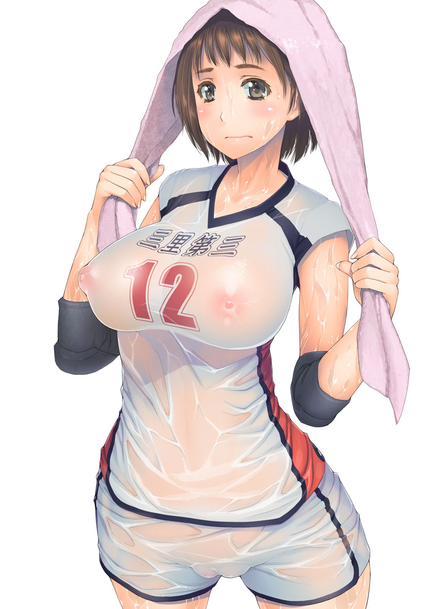 1girls asaki_takayuki blush breasts brown_eyes brown_hair cameltoe covered_nipples elbow_pads female female_only fujiyama-san_wa_shishunki fujiyama_makio highres large_breasts nipples no_bra no_panties see-through short_hair simple_background solo sportswear sweat towel towel_on_head wet wet_clothes white_background