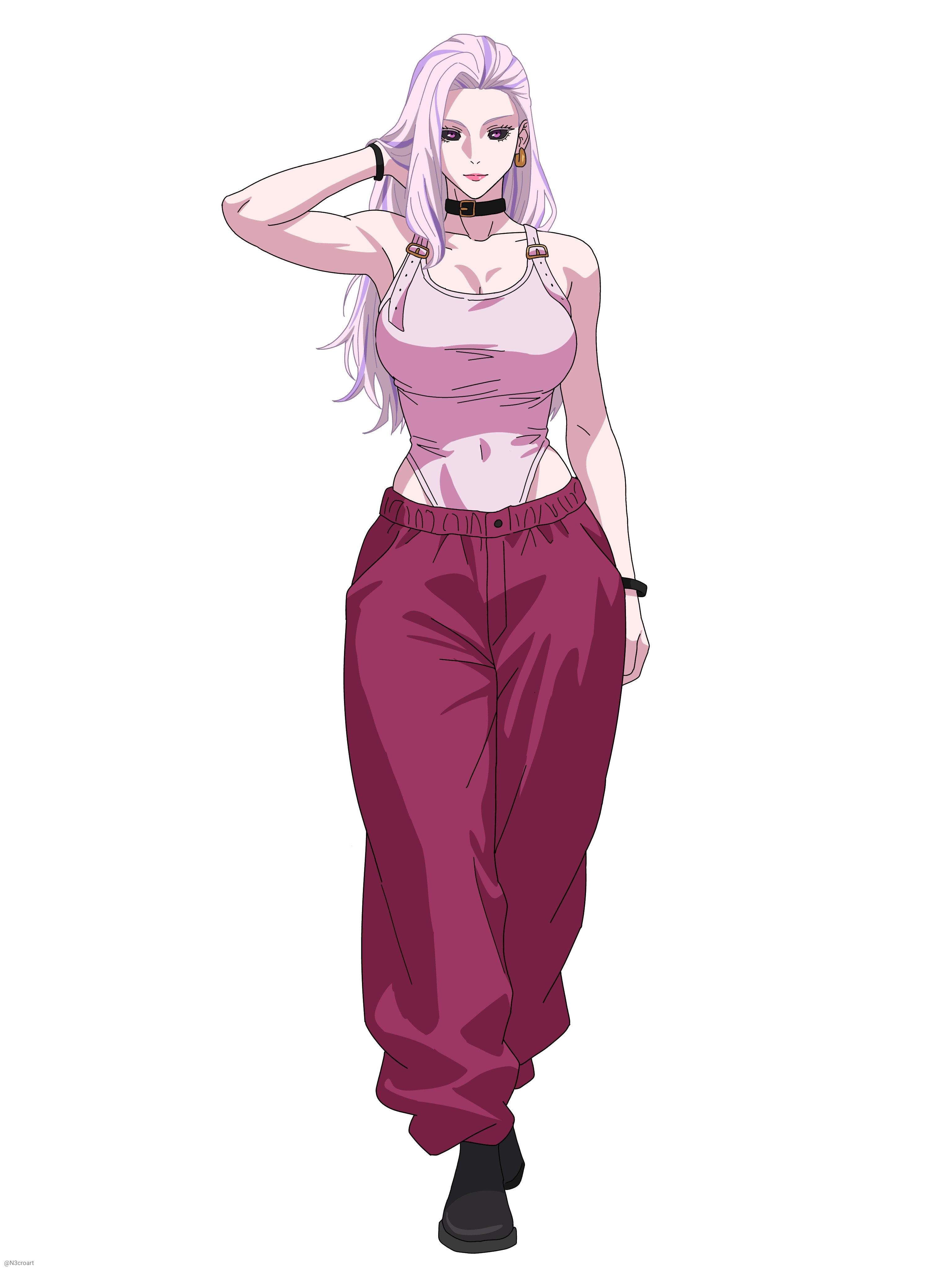 1girls, 2025, 2d, 2d (artwork), adjusting hair, artist name, big breasts, black sclera, bracelet, breasts, choker, cleavage, clothed, earrings, female, female only, jujutsu kaisen, large breasts, leotard, looking at viewer, n3croart, pants, pink eyes, pink hair, pink skin, realistic breast size, realistic proportions, sfw, simple background, solo, solo female, uro takako, walking, walking towards viewer, white background, wide hips