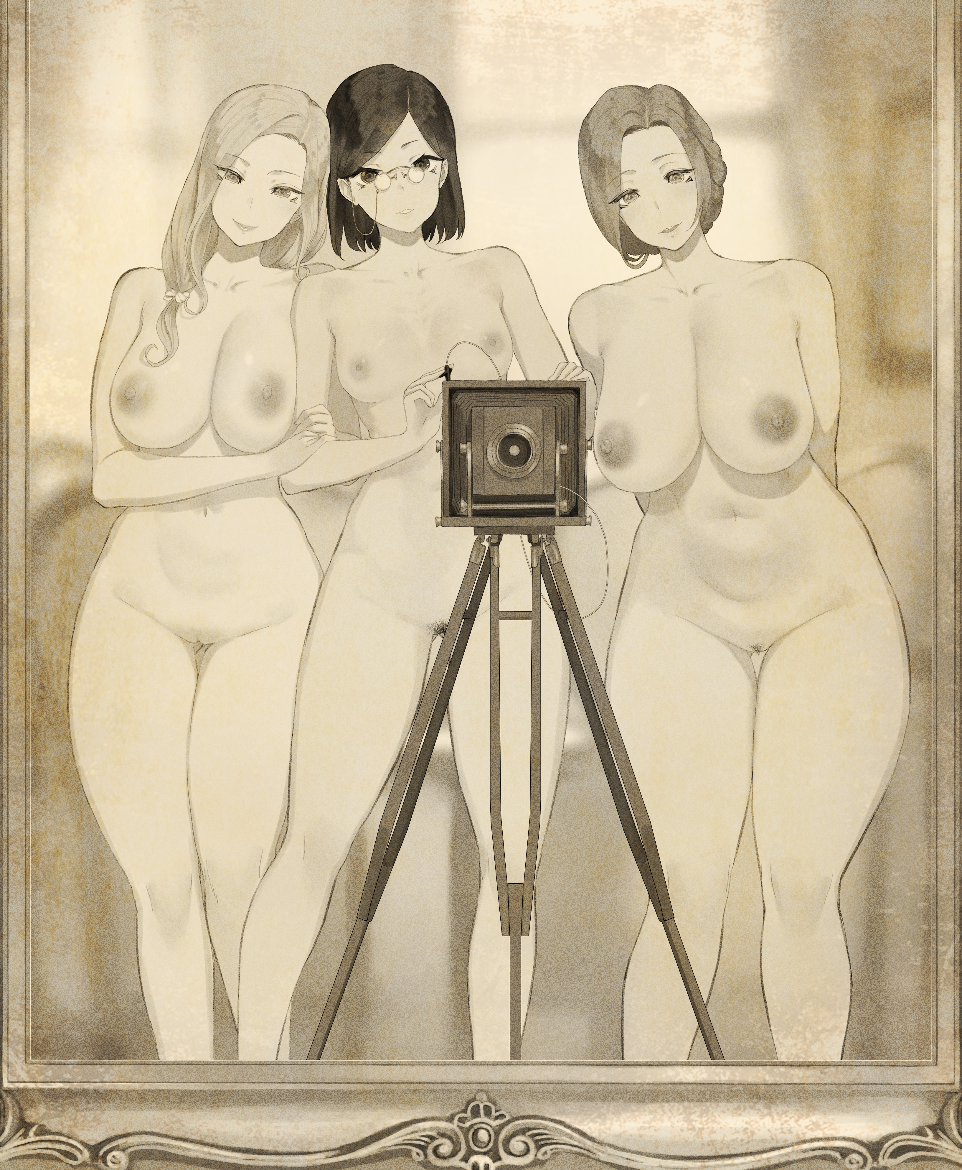3girls, alternate version, nude female, selfie, throtem