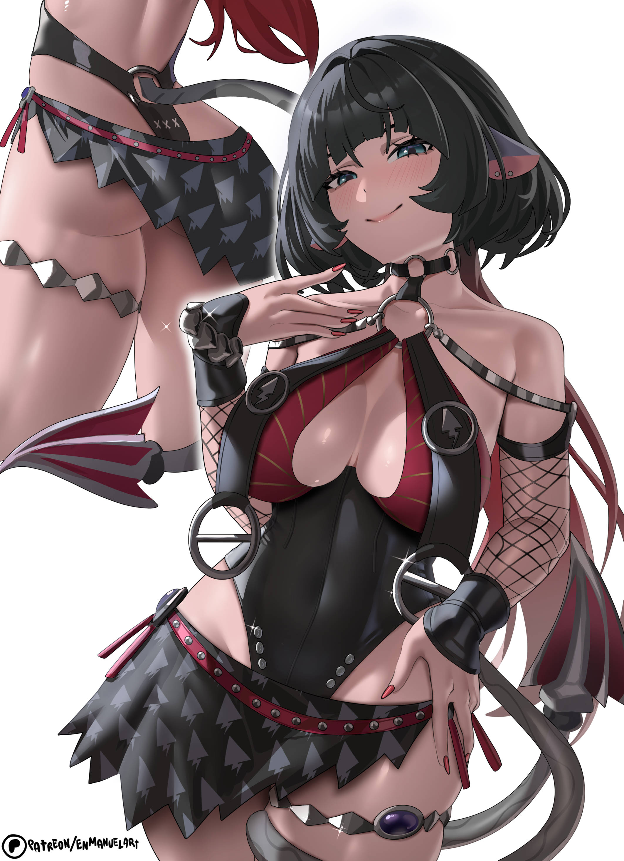 1girls, animal ears, armwear, ass shot, big ass, big breasts, black hair, black swimsuit, breast curtains, breasts, cleavage, ear piercing, earrings, enmanuelart20, female, female only, fishnet, fishnet armwear, fishnets, green eyes, hair, hips, jane doe (nocturne of light) (zenless zone zero), jane doe (zenless zone zero), nail polish, nails, official alternate costume, pink nail polish, pink nails, rat ears, rat girl, rat tail, solo, solo female, swimsuit, swimwear, thighs, zenless zone zero