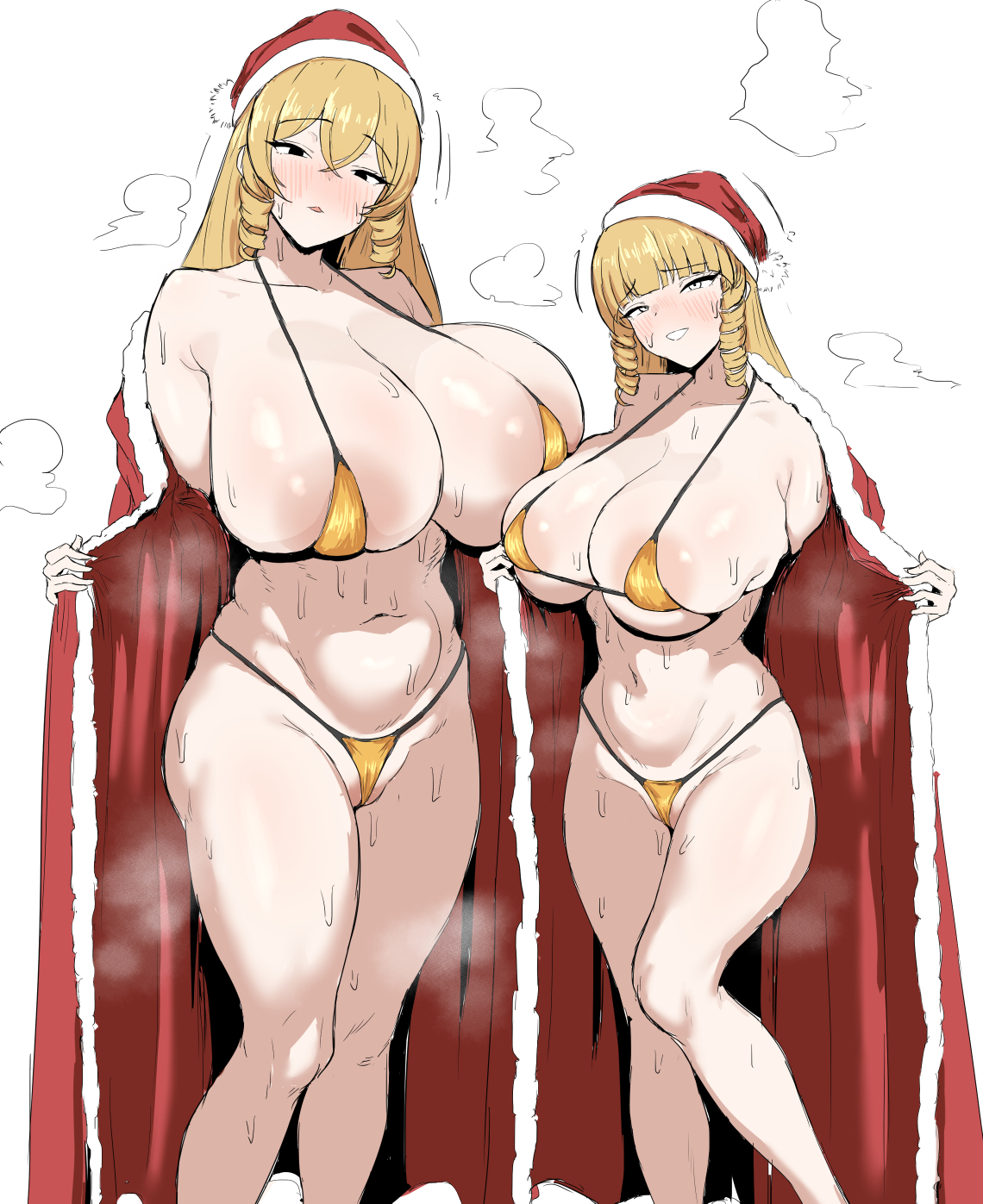 2girls, areola slip, bikini, black eyes, blonde hair, blush, breasts, cameltoe, christmas, covered nipples, curvy, drill hair, drill sidelocks, embarrassed, feet out of frame, gold bikini, hat, highres, huge breasts, kaneda maria, kaneda mochiko, large areolae, large breasts, long hair, looking at viewer, micro bikini, mother and daughter, mount celeb kaneda-san, multiple girls, navel, open mouth, opened by self, santa costume, santa hat, sidelocks, simple background, skindentation, smile, sochin douji, standing, stomach, string bikini, sweat, swimsuit, thick thighs, thighs, white background, yellow eyes