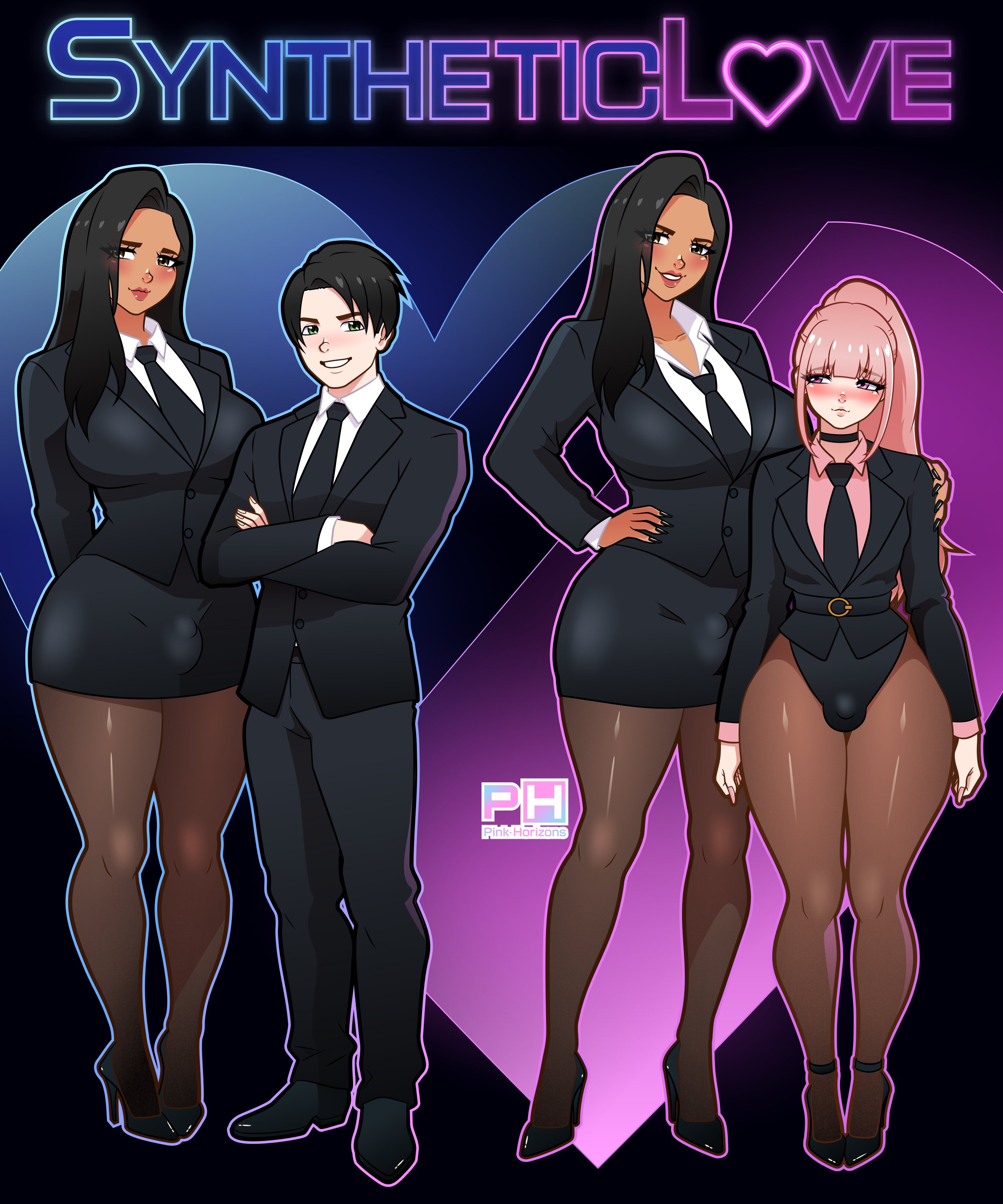 1futa, 2boys, before and after, bulge, domination loss, femboy, feminization, futanari, pantyhose, pink hair, pink horizons, sissification, suit, tan-skinned female, title, tuxedo