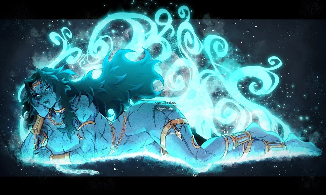 1girls, blue eyes, blue hair, blue skin, genie girl, gold chain, jinn (rwby), kiyomi des, rwby, tagme