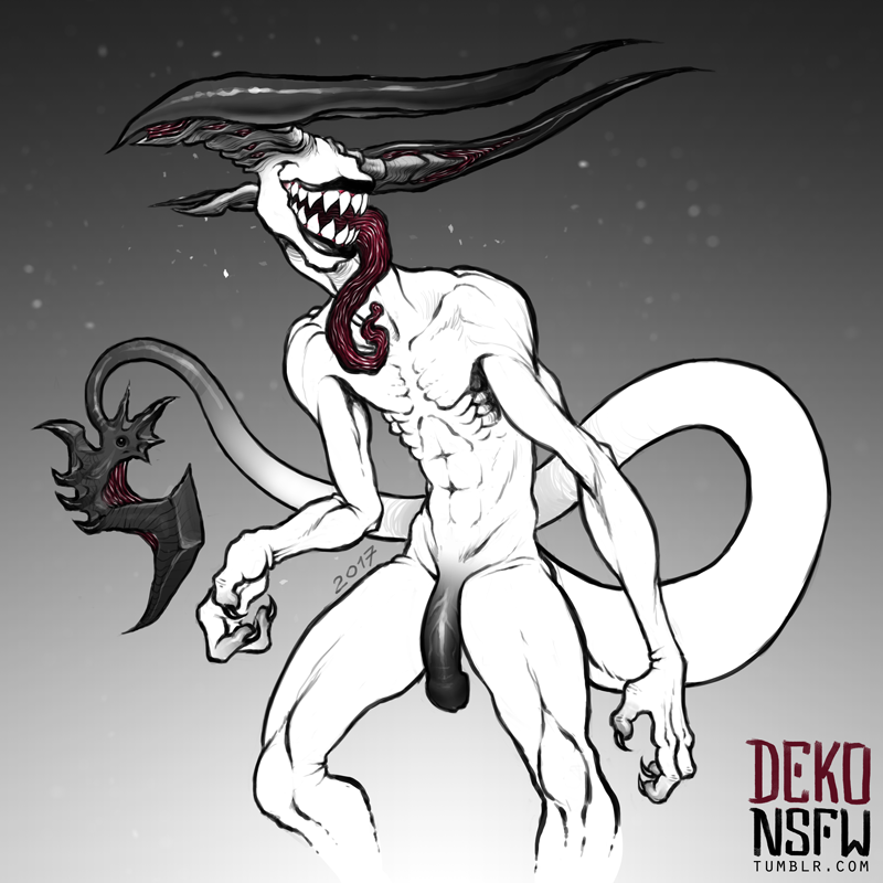 claws dekotf demon eyeless horn humanoid long_tongue male monstrous_humanoid nude penis sharp_teeth skinny smile solo teeth thick_tail tongue tongue_out