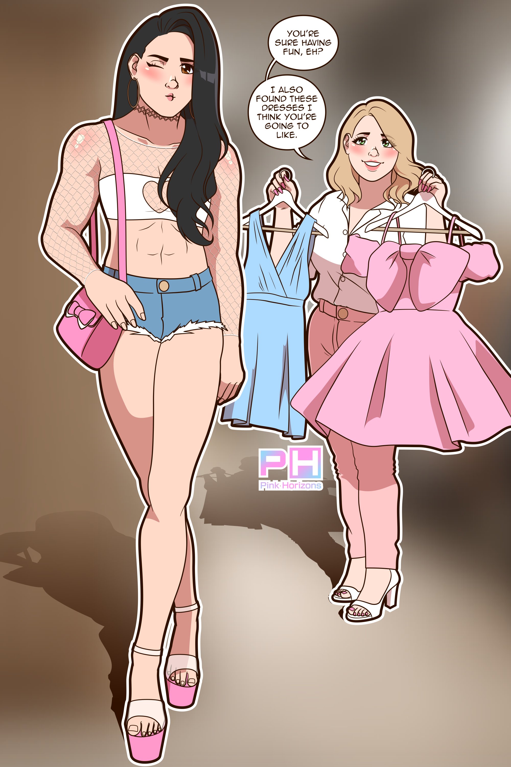 1femboy, 1girls, black hair, blurry background, crossdressing, crossdressing male, denim shorts, english text, femboy, gay, high heels, homosexual, homosexual male, long hair, muscular femboy, pink horizons, platform heels, purse, shadow, short shorts, shorts, sissy, speech bubble, text, transgender, transgender woman