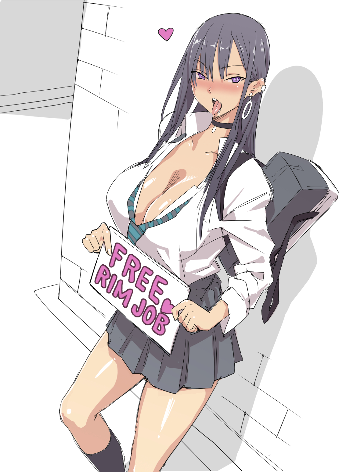 1girls, 2d, 2d (artwork), absurd res, beautiful girl, black hair, choker, cleavage, collared shirt, ear piercing, free rimjob, hard translated, holding sign, invitation, large breasts, long hair, lustful gaze, miniskirt, necktie, open mouth, original, pleated miniskirt, prostitution, school uniform, seductive look, skirt, tongue out, unnamed character, velzhe