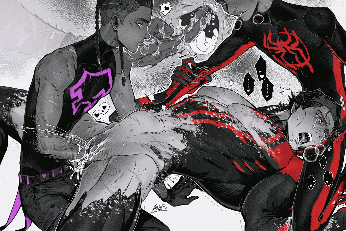 bite mark, cervical penetration, crying, crying with eyes open, cuntboy, fisting, male, marvel, marvel comics, miguel o'hara, miles g morales, miles morales, miles morales (earth 42), spider-man (series), spider-man 2099, spider-man: across the spider-verse, tight clothing, torn clothes, yaoi