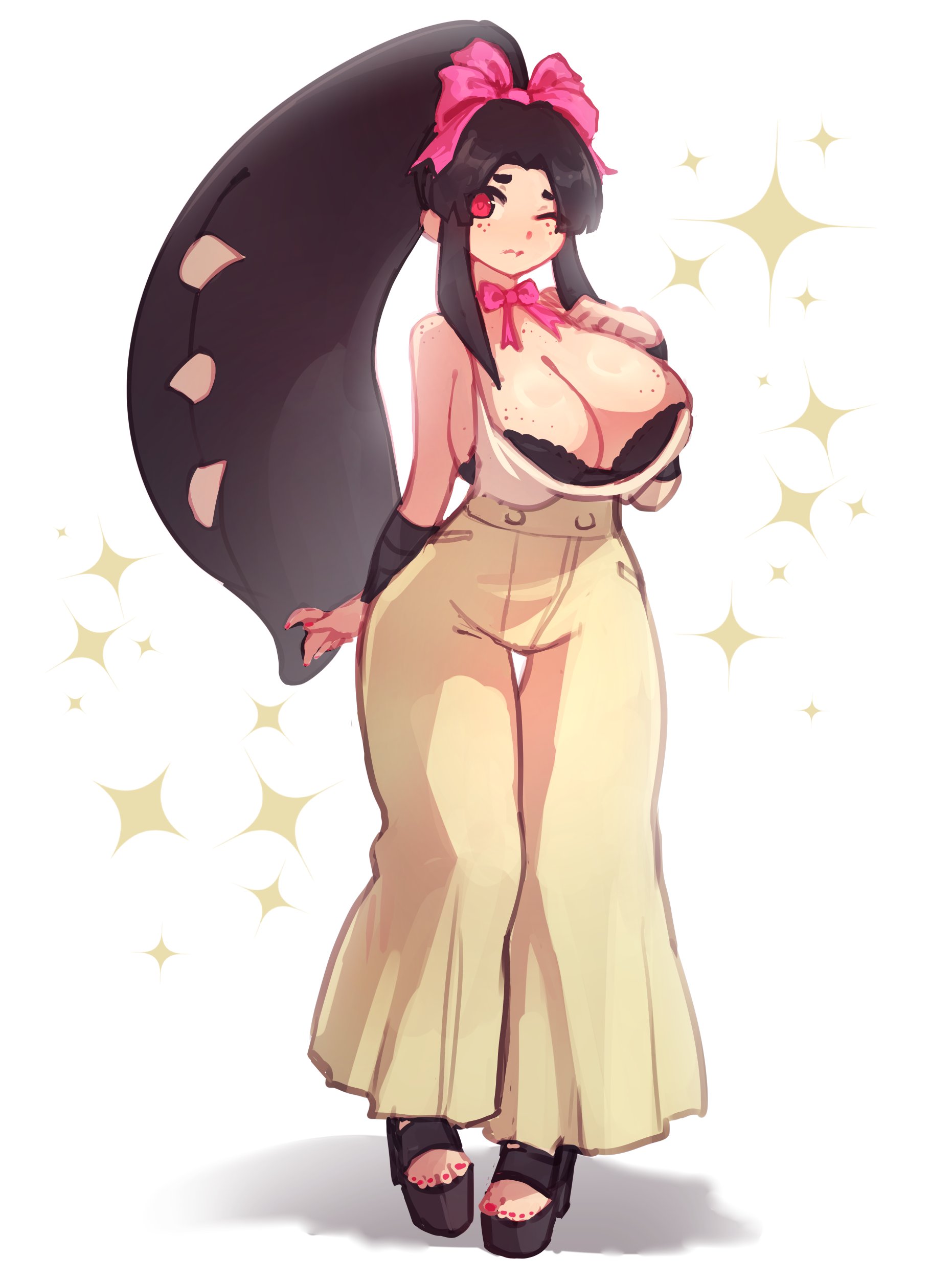 arm at side, blairevt, bra peek, cleavage, don't attack me mawile, embarrassed, freckles, full body, gijinka, huge breasts, humanized pokemon, mawile, one eye closed, personification, pink toenails, pokemon, pokemon (species), sandals