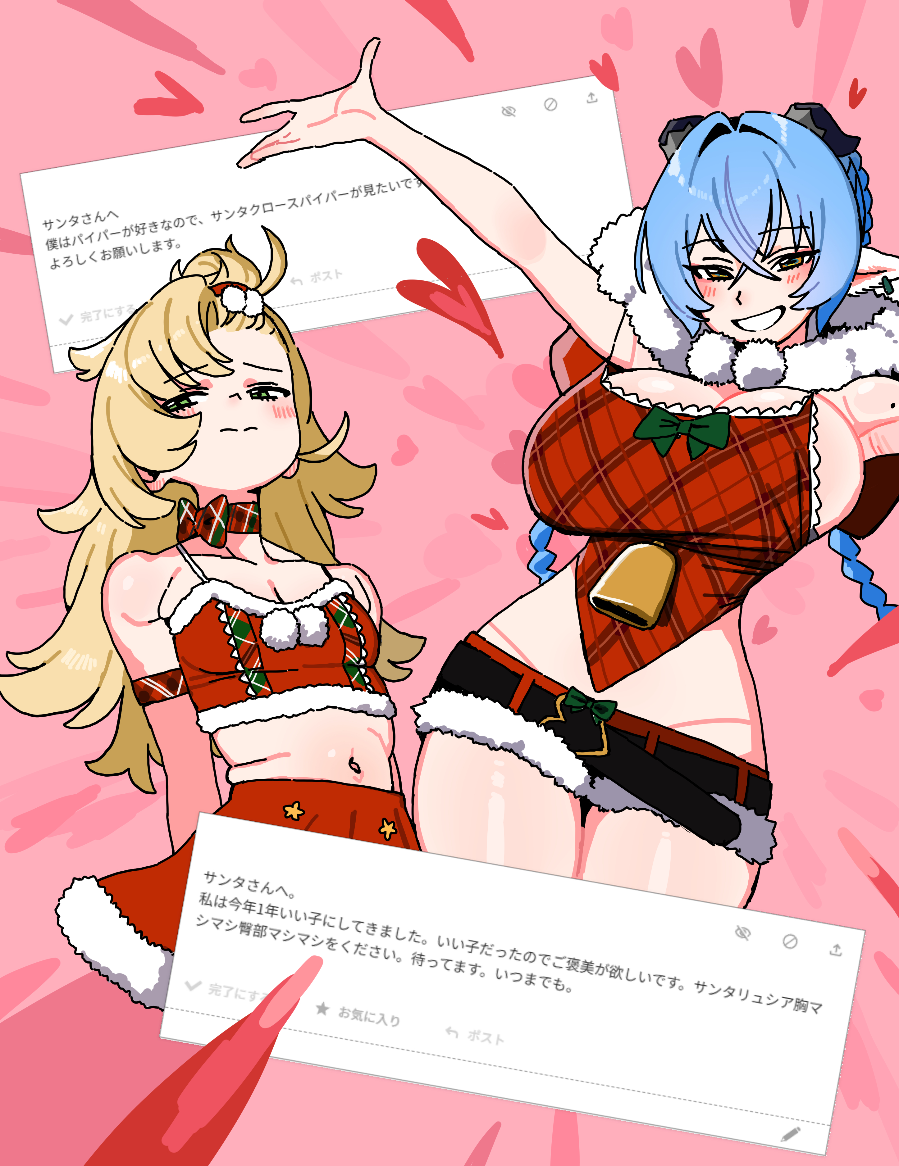 2girls, absurdres, alternate costume, andii (anzai teachco), animal ears, armpits, averting eyes, bare shoulders, bell, belt, black horns, blonde hair, blush, braid, breasts, bursting breasts, choker, cleavage, closed mouth, collarbone, commentary request, crop top, crossed bangs, female, female only, frilled shirt, frills, fur hood, fur trim, fur-trimmed crop top, fur-trimmed shirt, fur-trimmed shorts, fur-trimmed skirt, goat ears, goat girl, goat horns, green eyes, grin, hair between eyes, hair intakes, half-closed eyes, heart, highres, horns, large breasts, long hair, looking at viewer, lucia elowen, medium breasts, micro shorts, midriff, mole, mole on arm, multiple girls, navel, parted lips, pink background, piper wheel, plaid armband, plaid choker, plaid clothes, plaid shirt, pointy ears, red shorts, red skirt, ribbon choker, santa costume, shirt, shorts, skirt, smile, twin braids, zenless zone zero