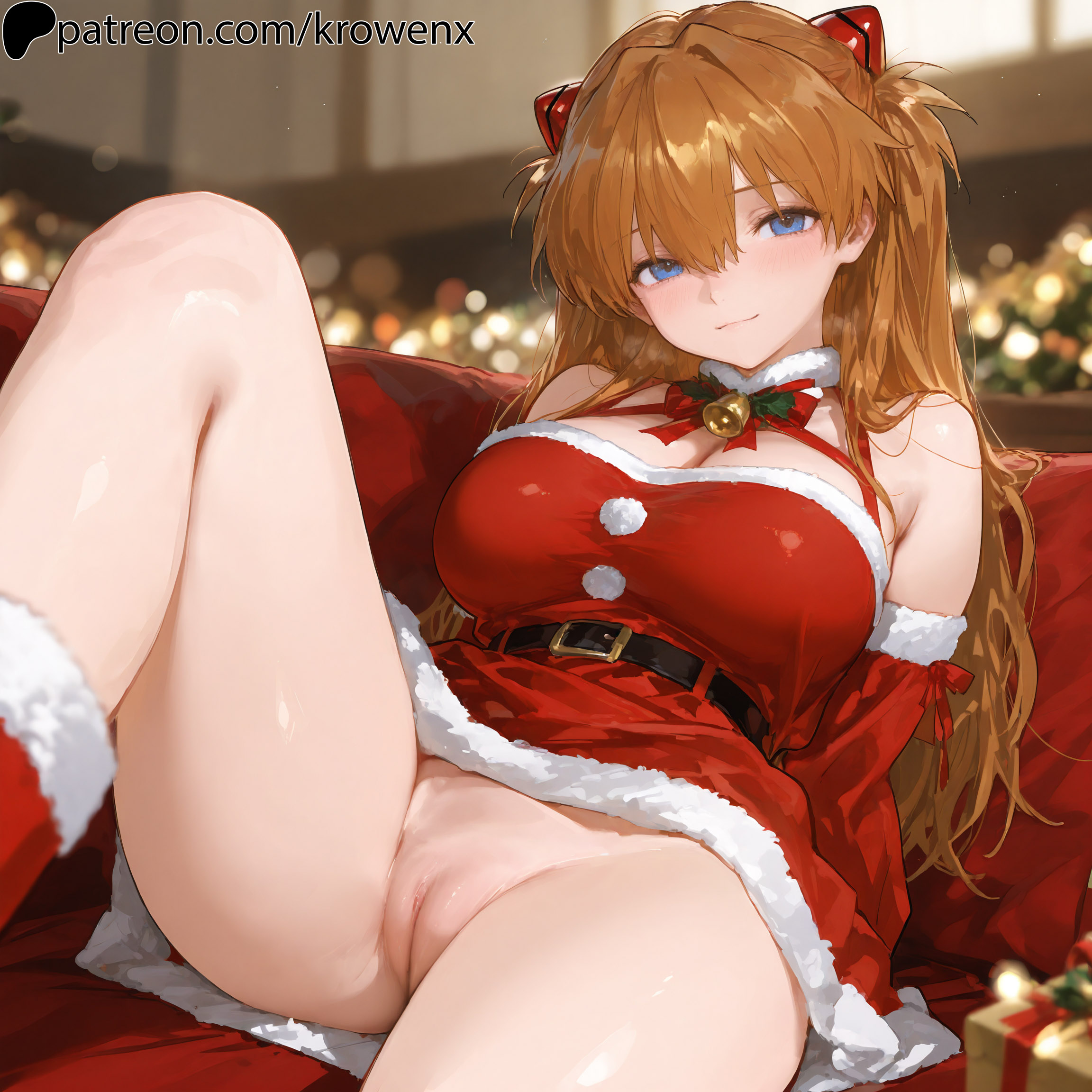 1girls, ai generated, asuka langley sohryu, big breasts, blue eyes, blush, breasts, christmas, christmas outfit, female, female focus, female only, krowenx, long hair, looking at viewer, neon genesis evangelion, no panties, one leg up, orange hair, presenting, presenting pussy, pussy, santa costume, sitting, solo, solo female, solo focus, thick thighs, thighs, uncensored