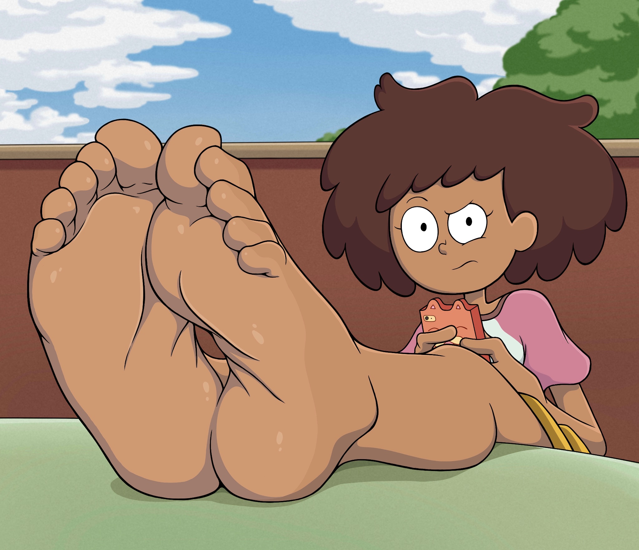 1girls, 2d, amphibia, amphibia (series), anne boonchuy, barefeet, barefoot, big feet, big soles, brown hair, brunette female, close up feet, close-up feet, dark skin, dark skinned female, dark-skinned female, eyebrow raise, feet, feet focus, feet in camera, feet on table, feet together, feet up, female focus, foot fetish, foot focus, heel, highres, looking at viewer, meaty feet, meaty soles, murati2882, outside, presenting feet, presenting soles, questioning, shiny feet, shiny soles, soles, soles female, soles fetish, solo female, toe curl, toe scrunch, toes, toes curled, wrinkled feet, wrinkled soles, wrinkly feet, wrinkly soles