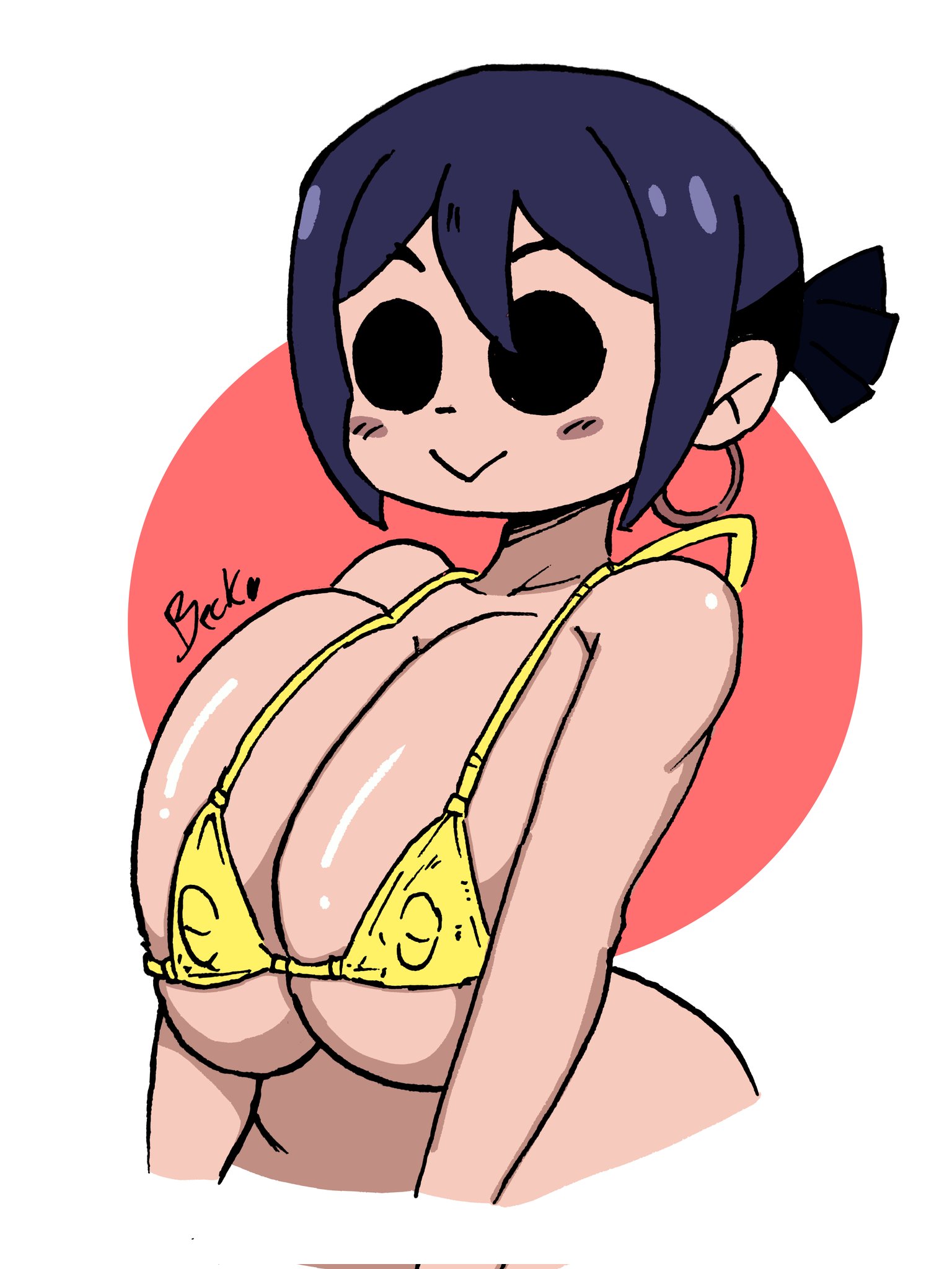 1girls, about to burst, asian, barely contained, barely contained breasts, barely fits, becku, black eyes, black hair, blush, bra, breasts too big, bursting breasts, chinese, earrings, female, hoop earrings, imminent wardrobe malfunction, inconvenient breasts, knives chau, mob face, nipple bulge, ponytail, scott pilgrim, short hair, solo, solo female, tight bikini, tight fit, tight swimsuit, tight swimwear, too tight, undersized clothes, undersized clothing, yellow bra