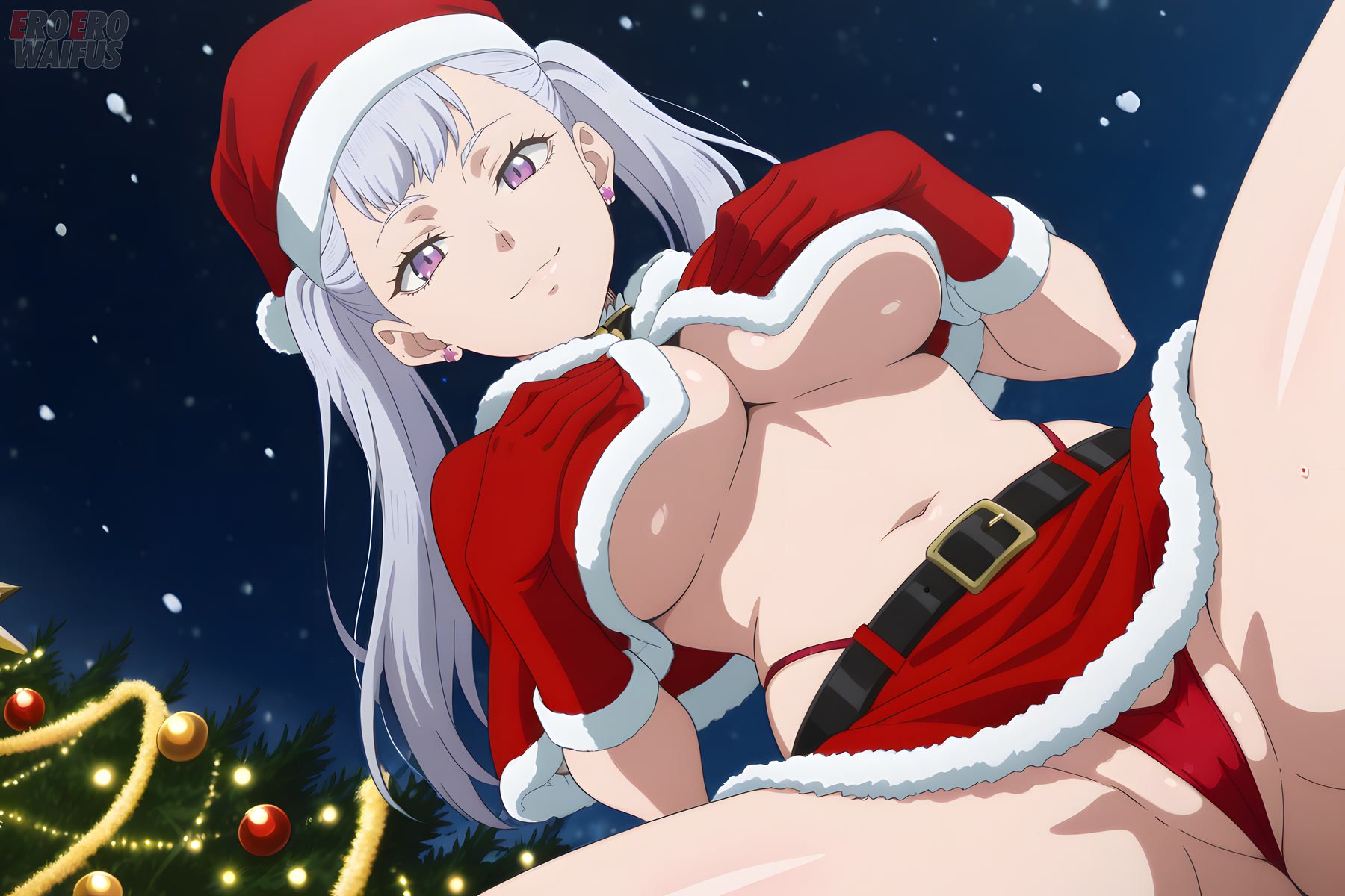 1girls, ai generated, bare thighs, big breasts, black clover, christmas, eroero waifus, female, female only, huge breasts, huge thighs, light skin, light-skinned female, looking at viewer, massive breasts, noelle silva, panties, purple eyes, santa costume, santa hat, silver hair, smiling, solo, solo female, squatting, sweat, sweatdrop, thick body, thick female, thick thighs, thighhighs, thighs, twintails, voluptuous, voluptuous female