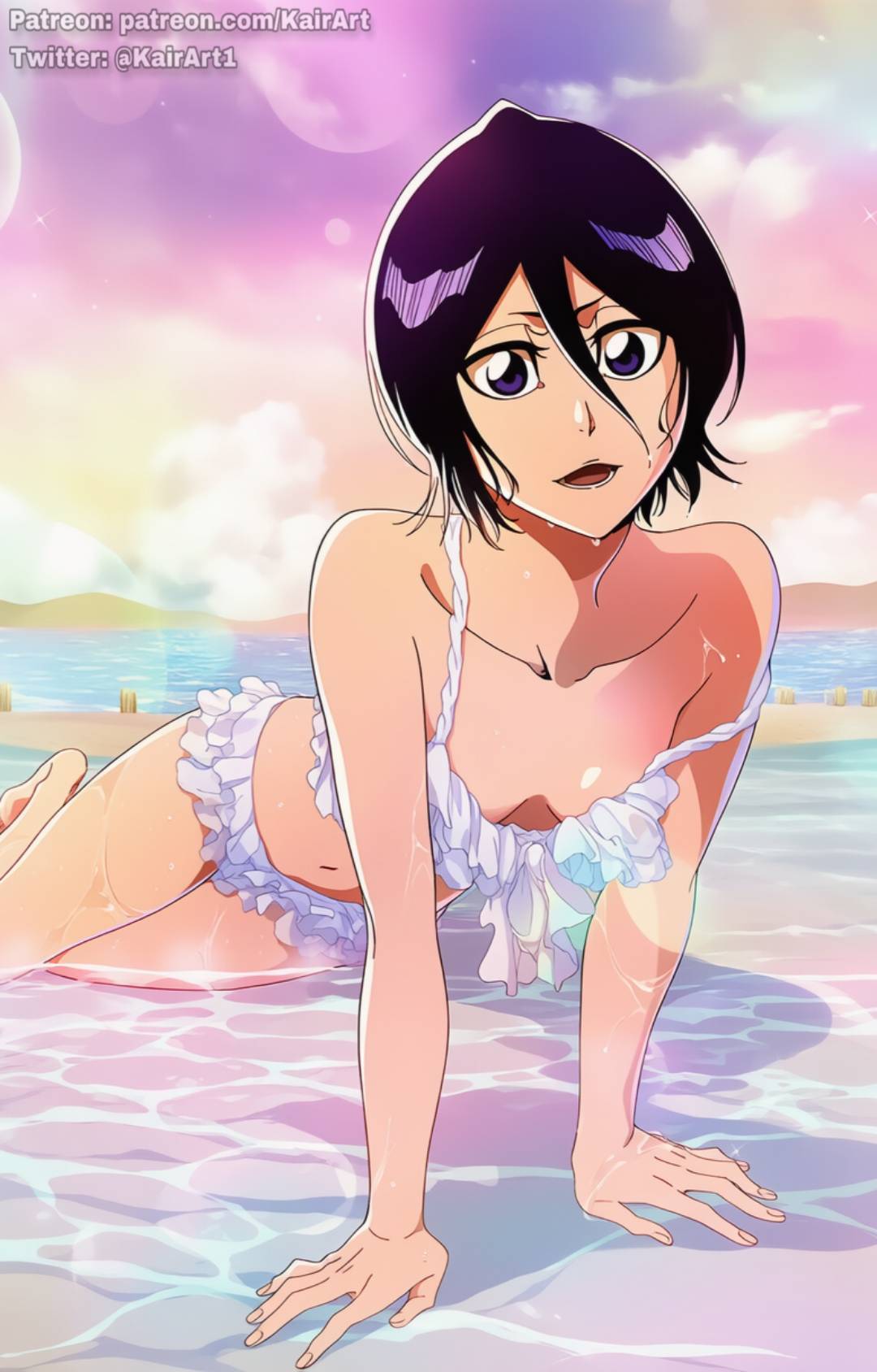 1girls, absurd res, absurdres, accurate art style, ai generated, artist name, bikini, black hair, bleach, bleach: the thousand-year blood war, breasts, cleavage, female, female focus, female only, hi res, high quality, high resolution, highres, kairart, kuchiki rukia, looking at viewer, medium breasts, navel, patreon, patreon url, patreon username, pussy juice, small breasts, smile, solo, solo female, solo focus, sunlight, swimsuit, swimwear, thighs, twitter username, water, wet, wet body, wet pussy, white bikini