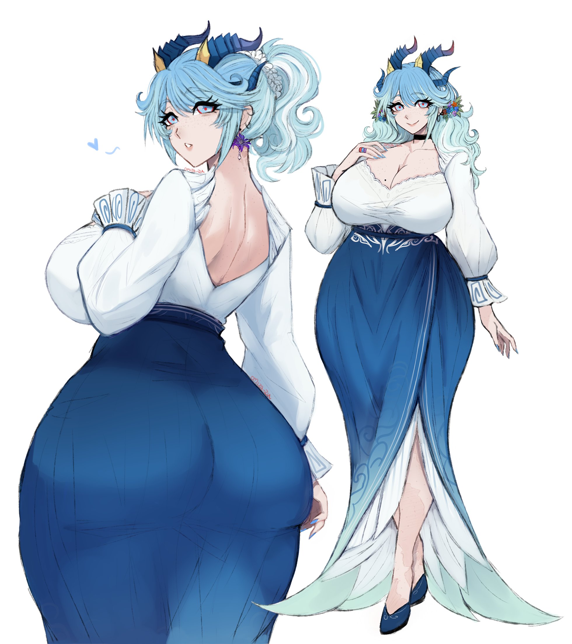 1girls, big ass, big breasts, big thighs, blue eyes, blue hair, breedable hips, chubby, chubby female, clothed female, clothing, dragon girl, dress, horn, horns, huge breasts, huge thighs, lewdapplez, light skin, mesmerizing ass, milf, omiza somi, squeezable thighs, xkhwā