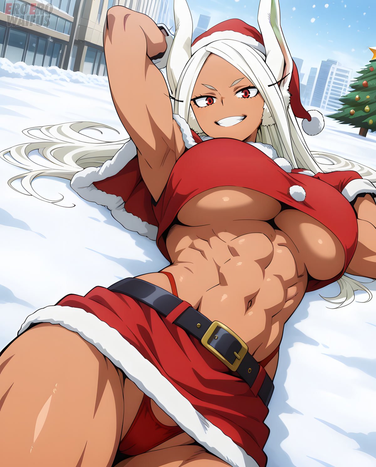 ai generated, athletic female, bare thighs, boku no hero academia, christmas, dark skin, dark-skinned female, eroero waifus, gigantic breasts, huge breasts, huge thighs, long hair, looking at viewer, massive breasts, miruko, muscular female, my hero academia, oiled body, oiled skin, panties, rabbit ears, red eyes, rumi usagiyama, santa costume, santa hat, smiling, solo female, squatting, sweat, sweatdrop, thick body, thick female, thick thighs, thighs, voluptuous, voluptuous female, white hair
