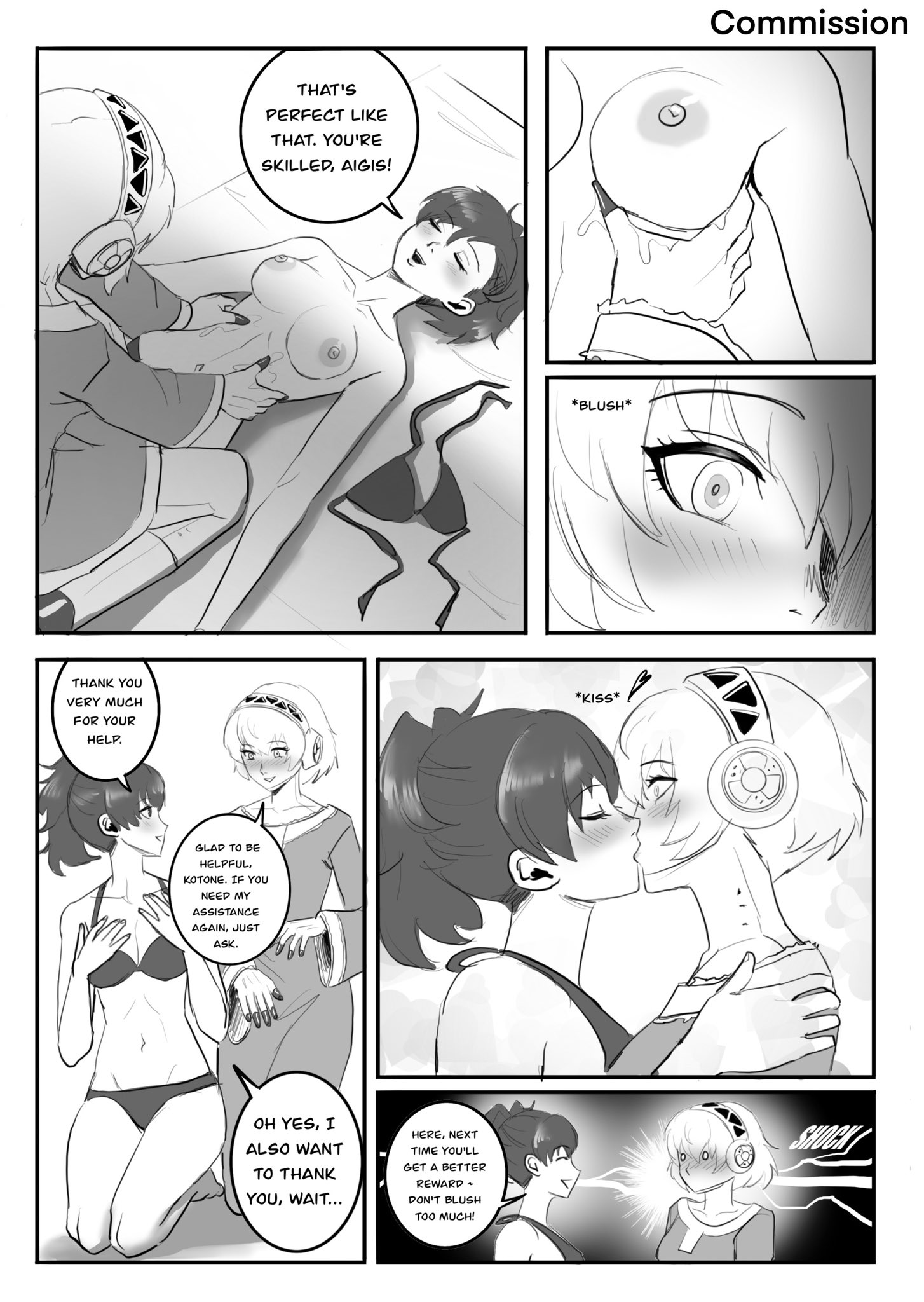 aigis (persona), bikini, blush, breast grab, breasts, kissing, kotone shiomi, kukimoonie, monochrome, nipples, persona, persona 3, persona 3 portable, robot girl, sunscreen, tagme, topless, yuri