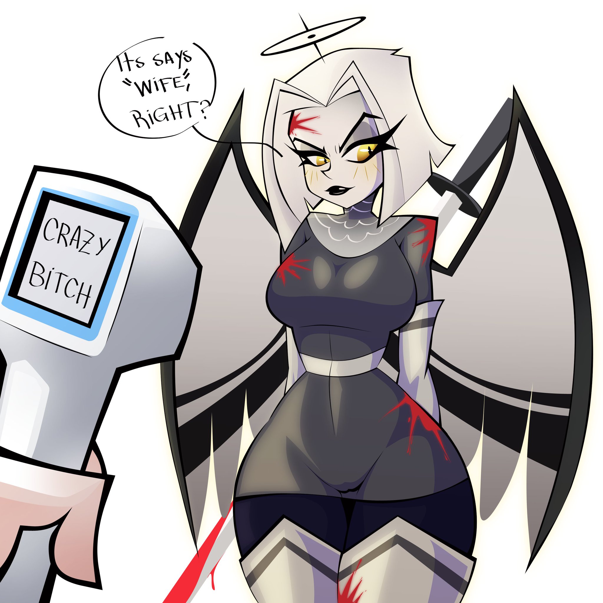 1girls, 2025, 2d, 2d (artwork), amber eyes, angel, angel girl, big breasts, bitch, clothed, clothed female, clothing, color, english text, female, female focus, female only, funny, halo, hazbin hotel, hi res, large breasts, light skin, light-skinned female, looking away, lute (hazbin hotel), non-human, questionable, scanner, short hair, simple background, solo, solo female, talking to another, teaofcolors, technology, text, text bubble, thick thighs, white background, white hair, wife, wings, yellow eyes