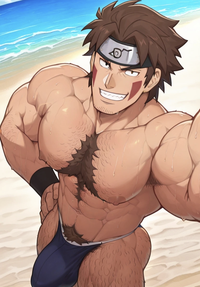 ai generated, bara, beach, bulge, chest hair, hairy legs, inuzuka kiba, kiba inuzuka, looking at viewer, male only, muscular male, naruto (series), naruto shippuden, pubic hair, smiling at viewer, solo, solo male, wet body