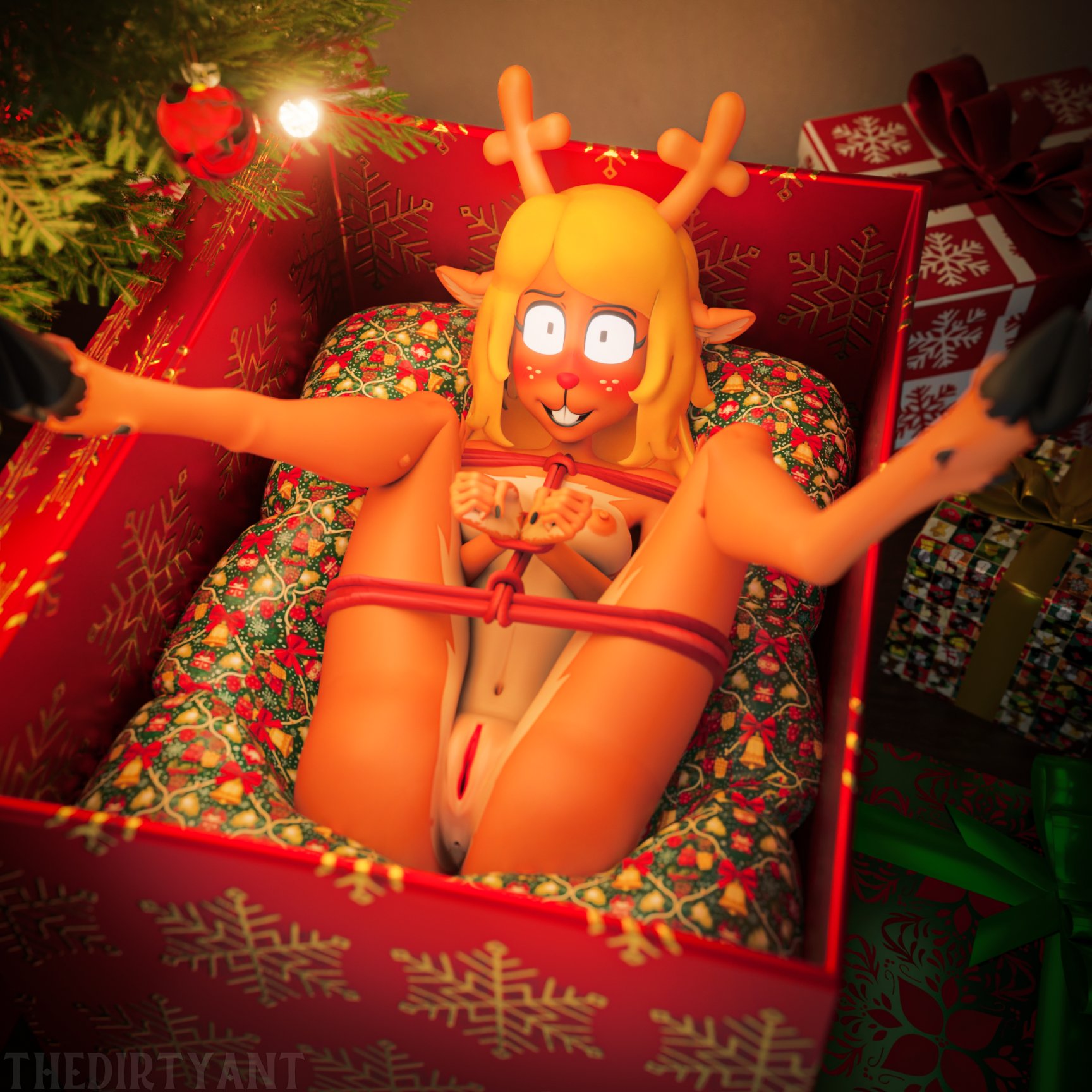 1girls, 2025, 3d, 3d (artwork), 3d model, 3d render, anthro, anus, areola, areolae, blonde female, blonde hair, blonde hair female, blonde-haired female, blush, blushing female, blushing profusely, christmas, christmas tree, deer, deer girl, deltarune, digital art, digital drawing (artwork), digital media (artwork), female, furry, furry female, holidays, naked, naked female, new world deer, nipples, noelle holiday, nude, nude female, present, present box, presenting, presenting hindquarters, presenting pussy, pussy, radiationhazard, red nose, reindeer, reindeer antlers, solo, spread legs, spreading, tagme, theant/thedirtyant, thedirtyant, undertale (series), vagina, wrapped, wrapped up