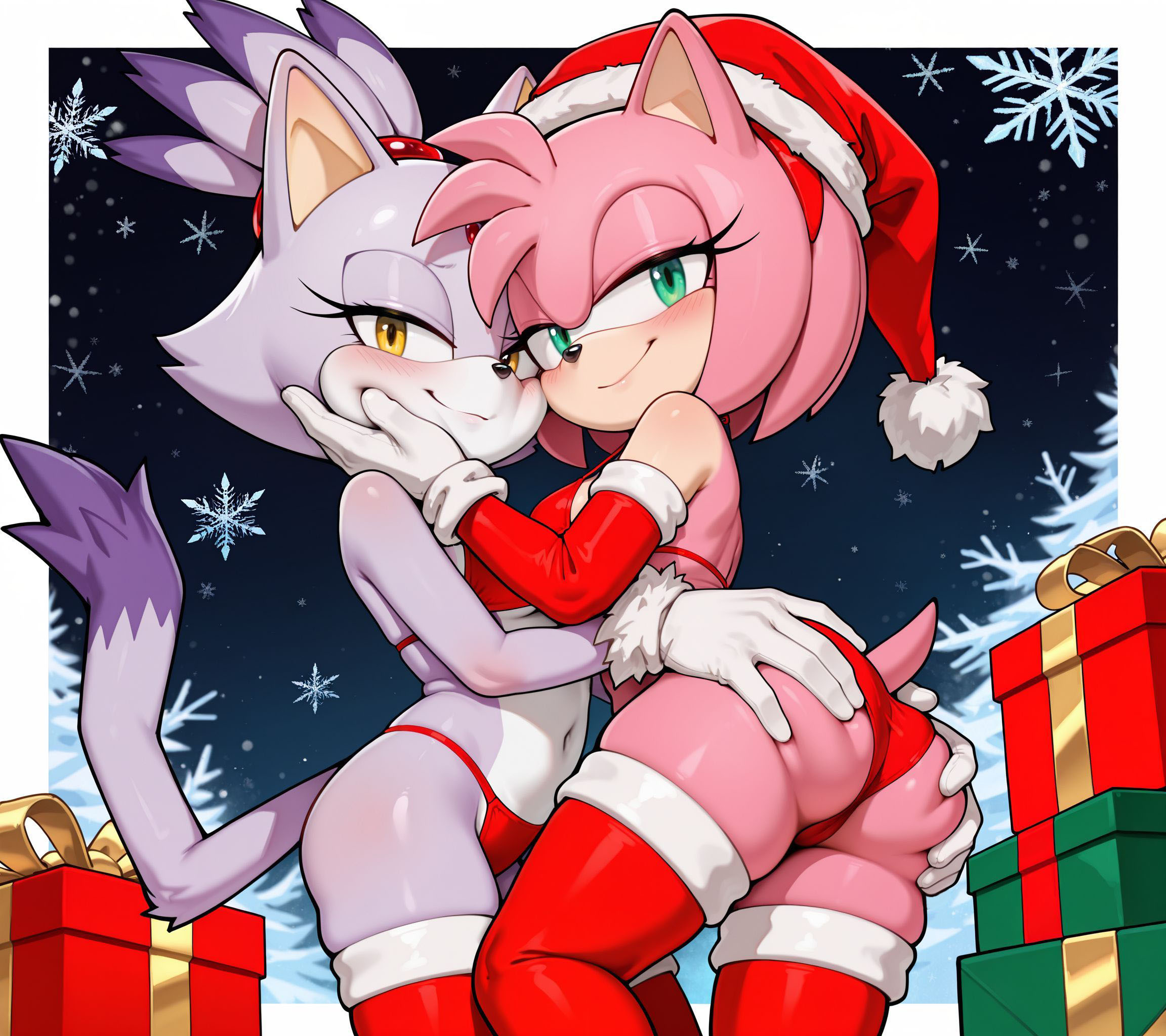 2girls, ai generated, amy rose, blaze the cat, christmas, female, female only, holidays, katalystnya, sega, sonic (series), sonic the hedgehog (series), tagme