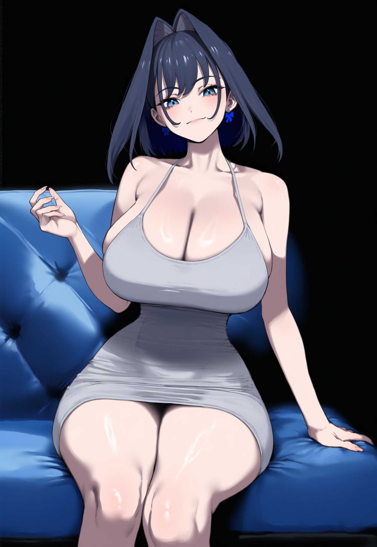 1girls, ai generated, blue eyes, blue hair, blush, breasts, clothed, clothed female, collarbone, couch, curvy, curvy female, curvy figure, dress, hips, hololive, hololive english, huge breasts, looking at viewer, ouro kronii, smile, thick thighs, thighs, truck kun, truck-kun art, virtual youtuber, voluptuous, vtuber, waist, wide hips