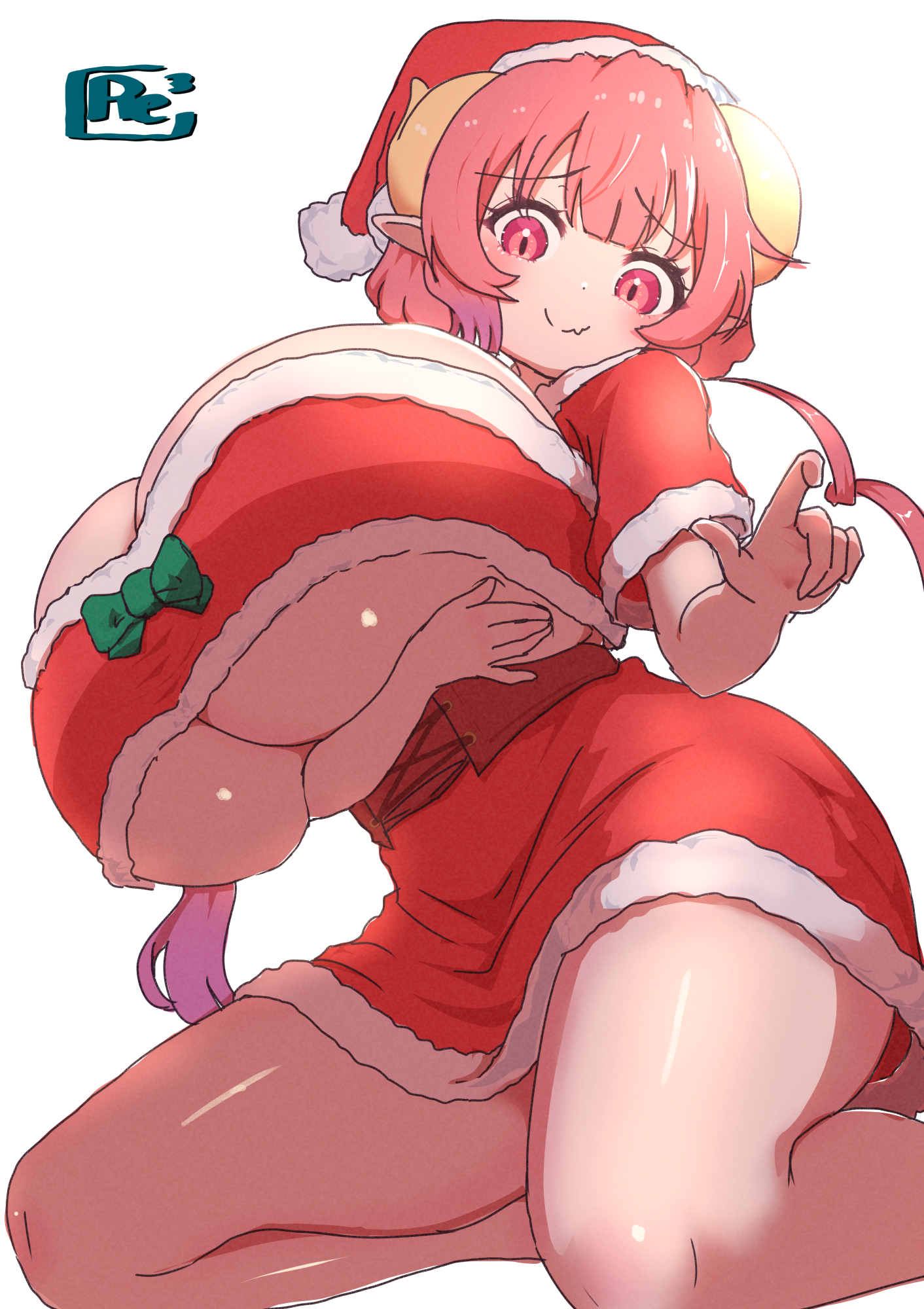 arm under breasts, bandeau, bow, breasts, christmas, cleavage, dragon girl, dragon horns, dress, female, female only, gigantic breasts, green bow, hat, horns, huge breasts, ilulu (maidragon), kobayashi-san chi no maidragon, looking at viewer, red eyes, red hair, reiwa rerere, santa costume, santa dress, santa hat, short dress, short sleeves, smile, solo, thick thighs, thighs, underboob