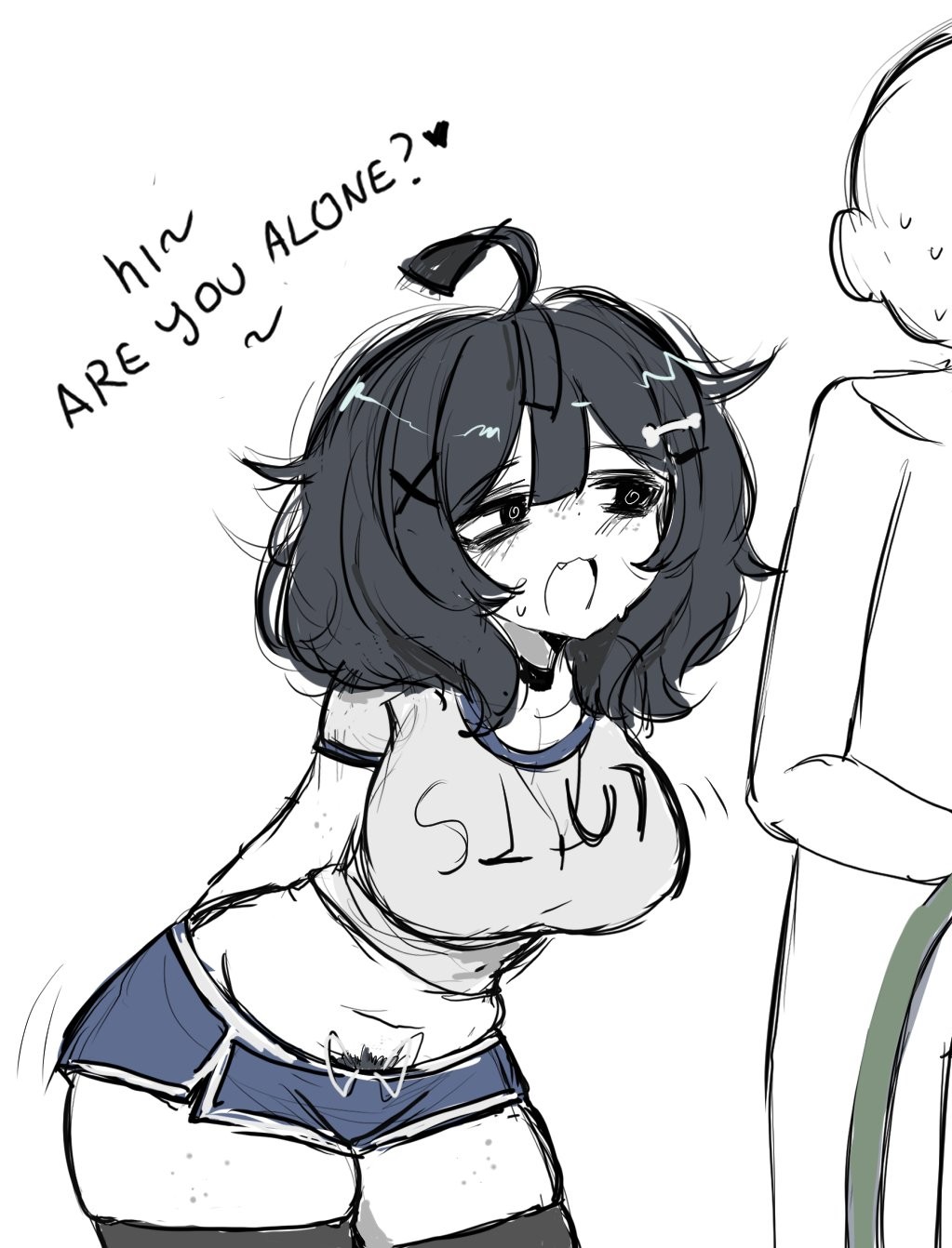 1girls, arms behind back, bare thighs, belly button, big breasts, black hair, breasts, clothes, cute, dolphin shorts, english text, female, mizu (yourmizuki), open mouth, original, original character, pubic hair, shirt, short shorts, shorts, simple background, sweatdrop, tagme, text, thick thighs, thighs, white background, white body, yourmizuki